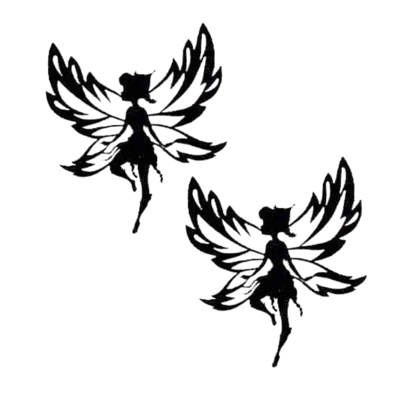 The Laughing Lizards Disney Fairy Beck Silhouette Cut Out (2-Pack) Iron On Patch features two black fairy silhouettes with detailed wings, perfect for unique DIY crafts or decorating clothing and accessories.