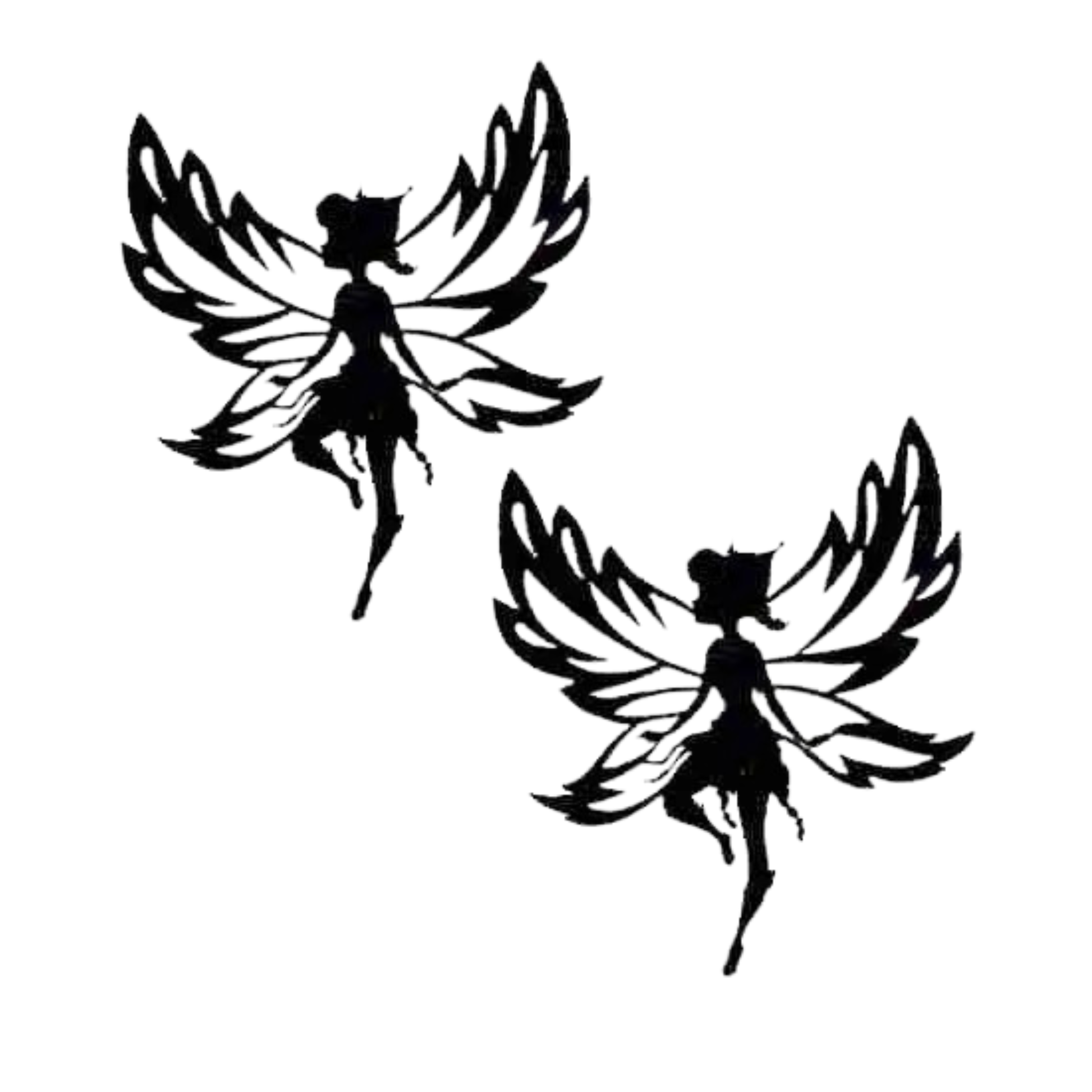 The Laughing Lizards Disney Fairy Beck Silhouette Cut Out (2-Pack) Iron On Patch features two black fairy silhouettes with detailed wings, perfect for unique DIY crafts or decorating clothing and accessories.