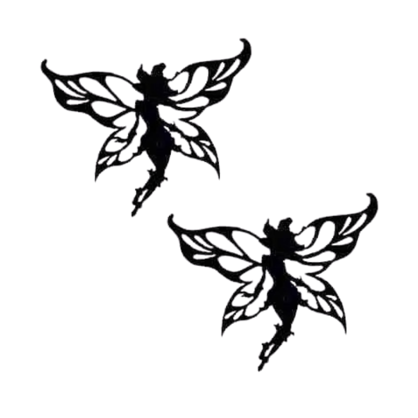 The Laughing Lizards Disney Fairy Lily Silhouette Cut Out (2-Pack) Iron On Patch features two black fairy silhouettes with patterned wings on white—perfect for adding a magical touch to any DIY craft accessory.