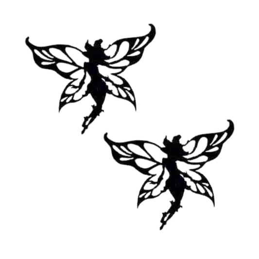 The Laughing Lizards Disney Fairy Lily Silhouette Cut Out (2-Pack) Iron On Patch features two black fairy silhouettes with patterned wings on white—perfect for adding a magical touch to any DIY craft accessory.