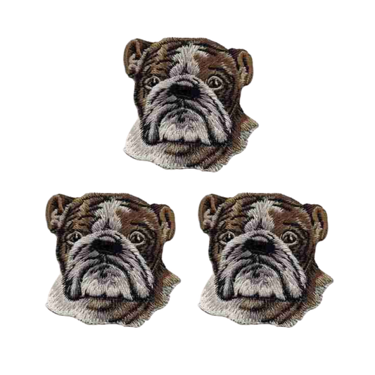 The Laughing Lizards English Bulldog Head (3-Pack) Iron On Patch features three embroidered patches on a white background, ideal as a dog lover gift or a unique addition to your collection.