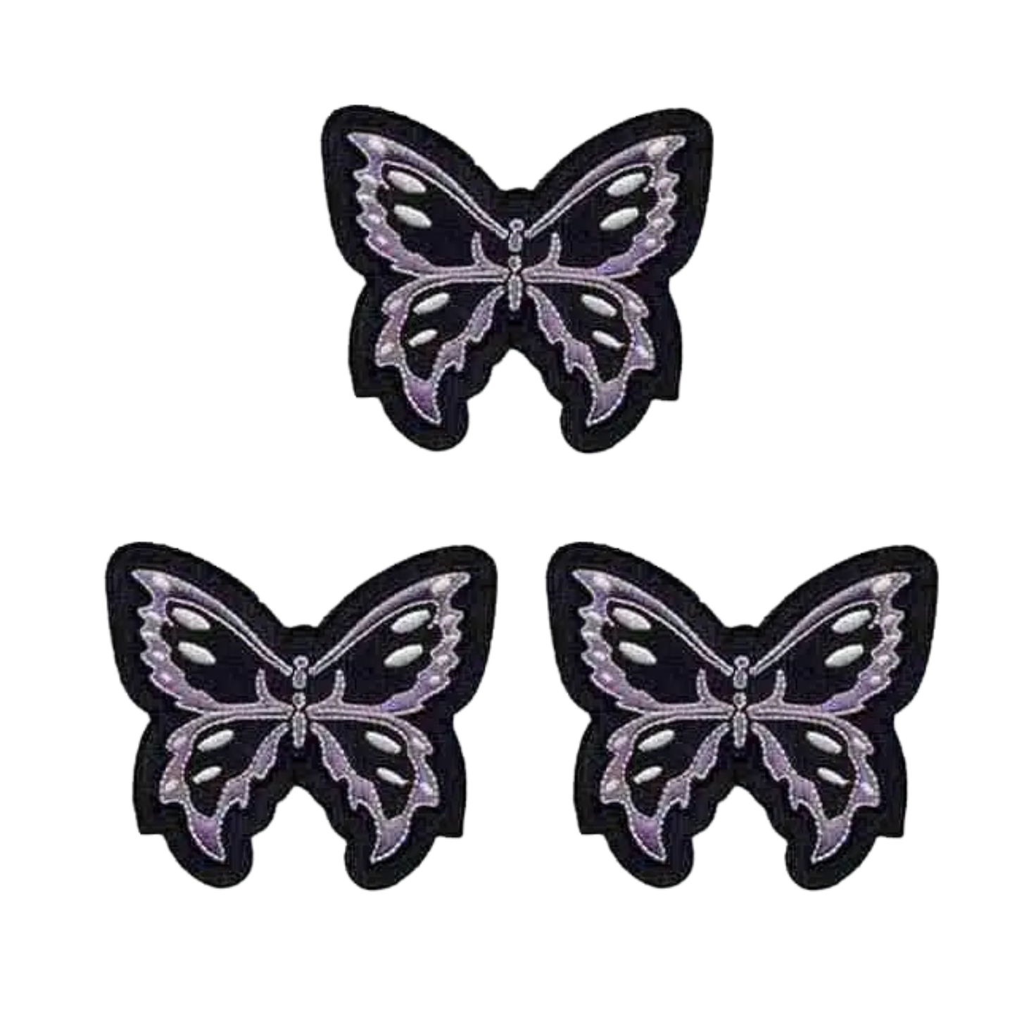 Three Black and Lavender Tribal Butterfly Iron On Patches by Laughing Lizards are arranged in a triangle on a white background, each intricately designed. This 3-pack features the brand’s detailed butterfly design.
