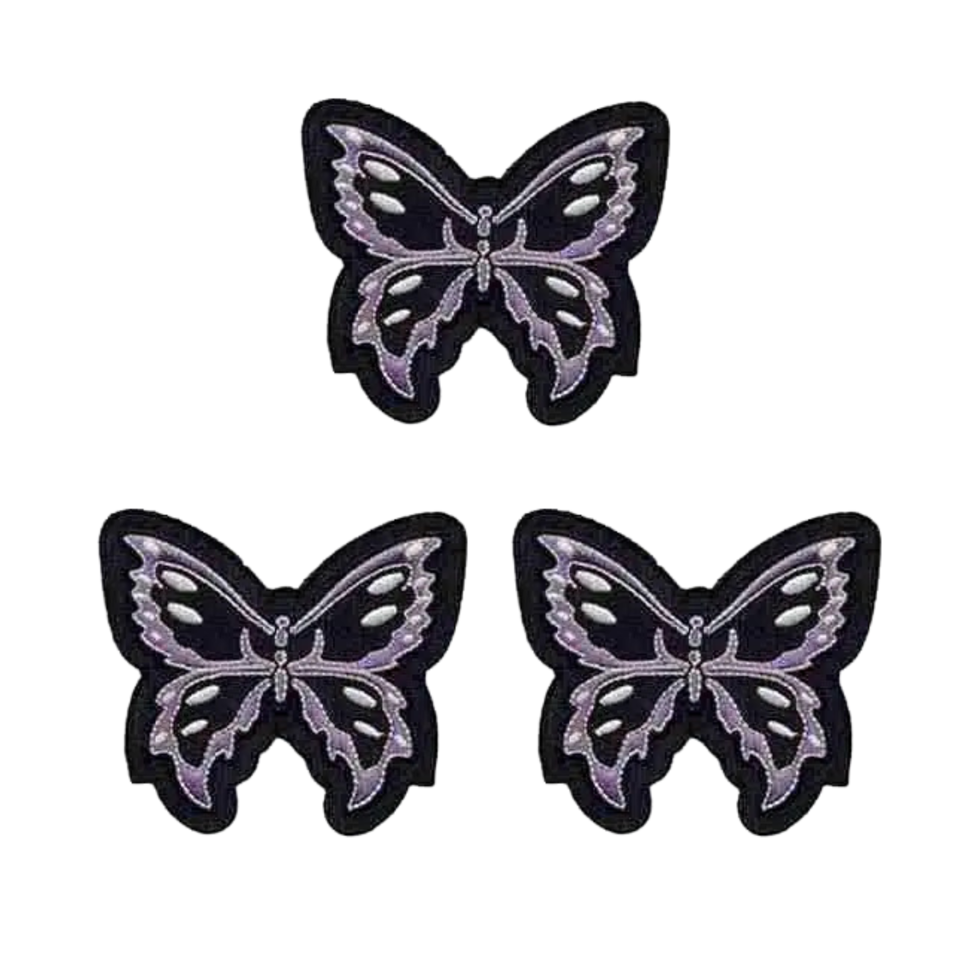 Three Black and Lavender Tribal Butterfly Iron On Patches by Laughing Lizards are arranged in a triangle on a white background, each intricately designed. This 3-pack features the brand’s detailed butterfly design.