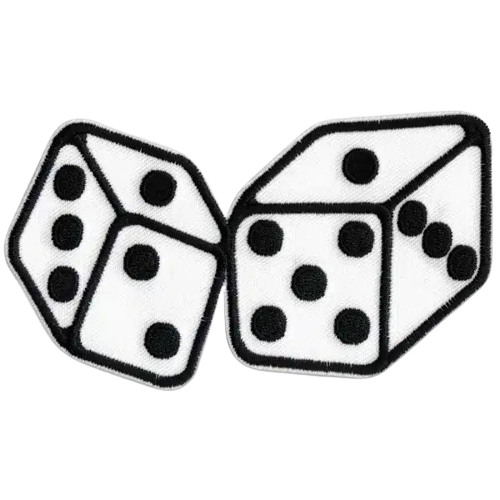 The Laughing Lizards White Large Dice (2-Pack) Iron On Patch features two black-outlined white dice—one with three and four dots, the other with five and two—perfect for customizing any DIY craft accessory.