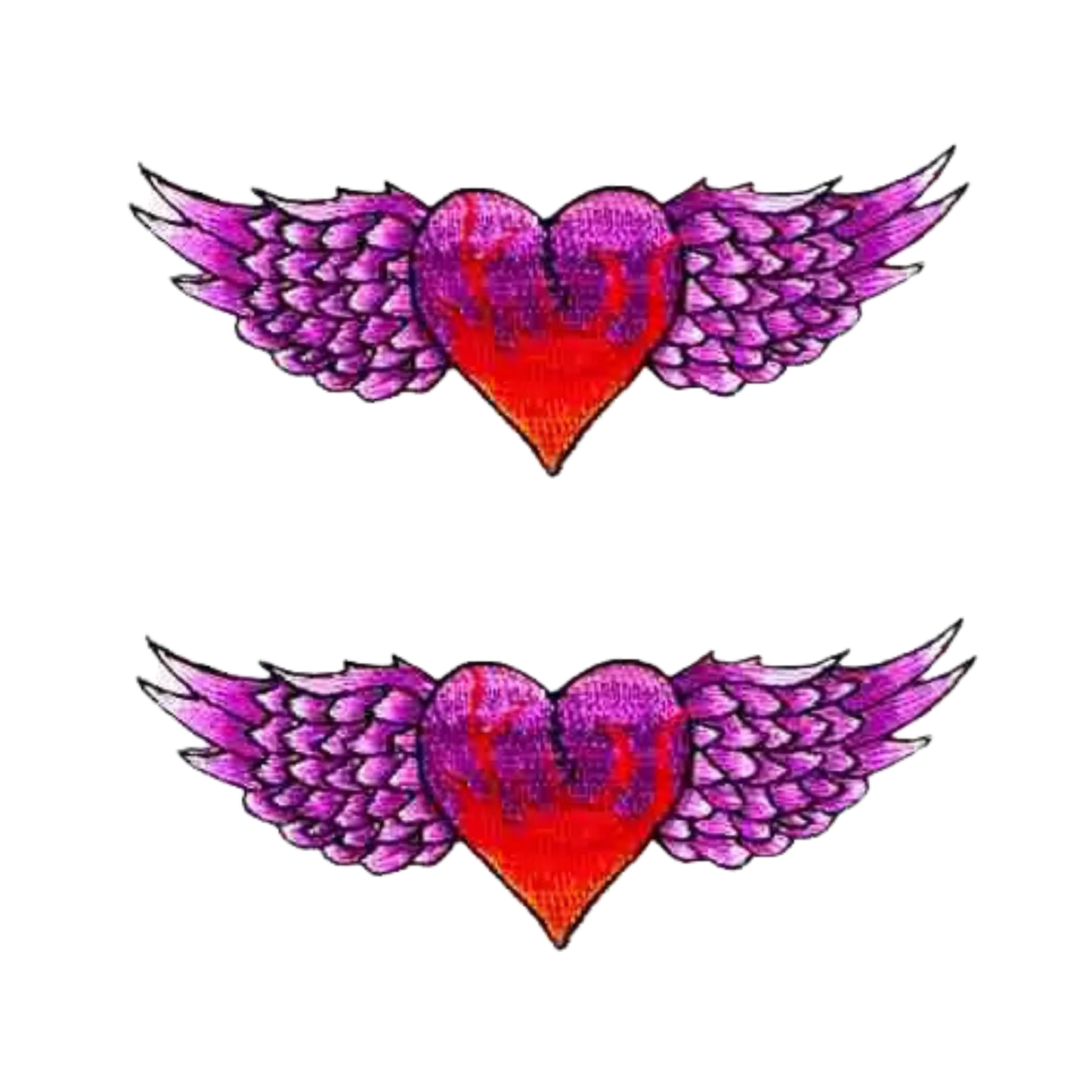 The Laughing Lizards Red and Purple Winged Heart (2-Pack) Iron On Patch is shown, one above the other on a white background—ideal for DIY crafts.