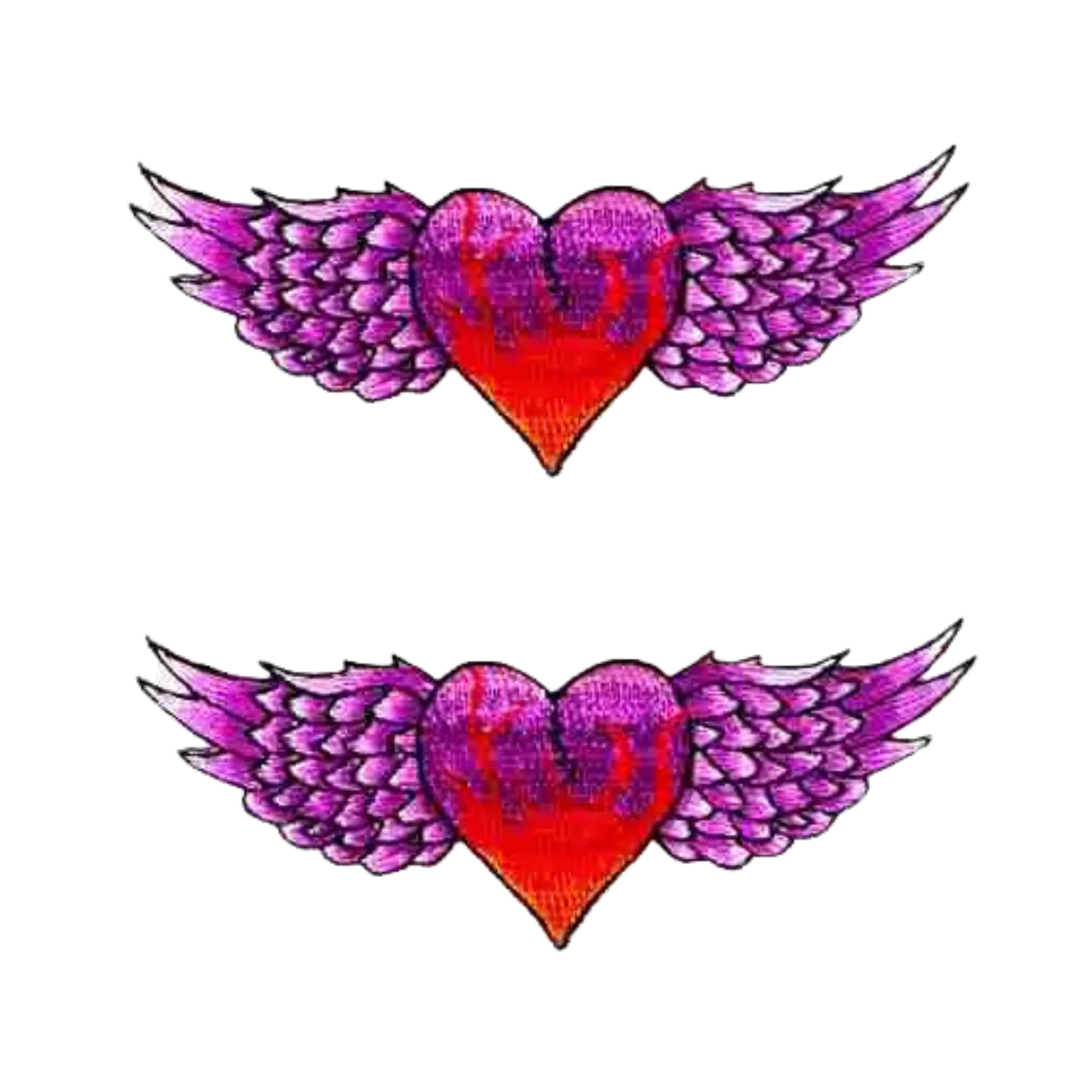 The Laughing Lizards Red and Purple Winged Heart (2-Pack) Iron On Patch is shown, one above the other on a white background—ideal for DIY crafts.