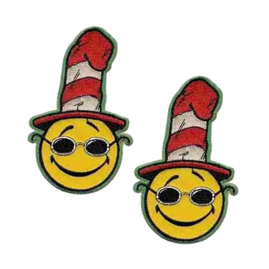 The Laughing Lizards Happy Face Seuss (2-Pack) Iron on Patch features yellow happy faces with sunglasses and striped hats—fun DIY accessories to personalize your gear.