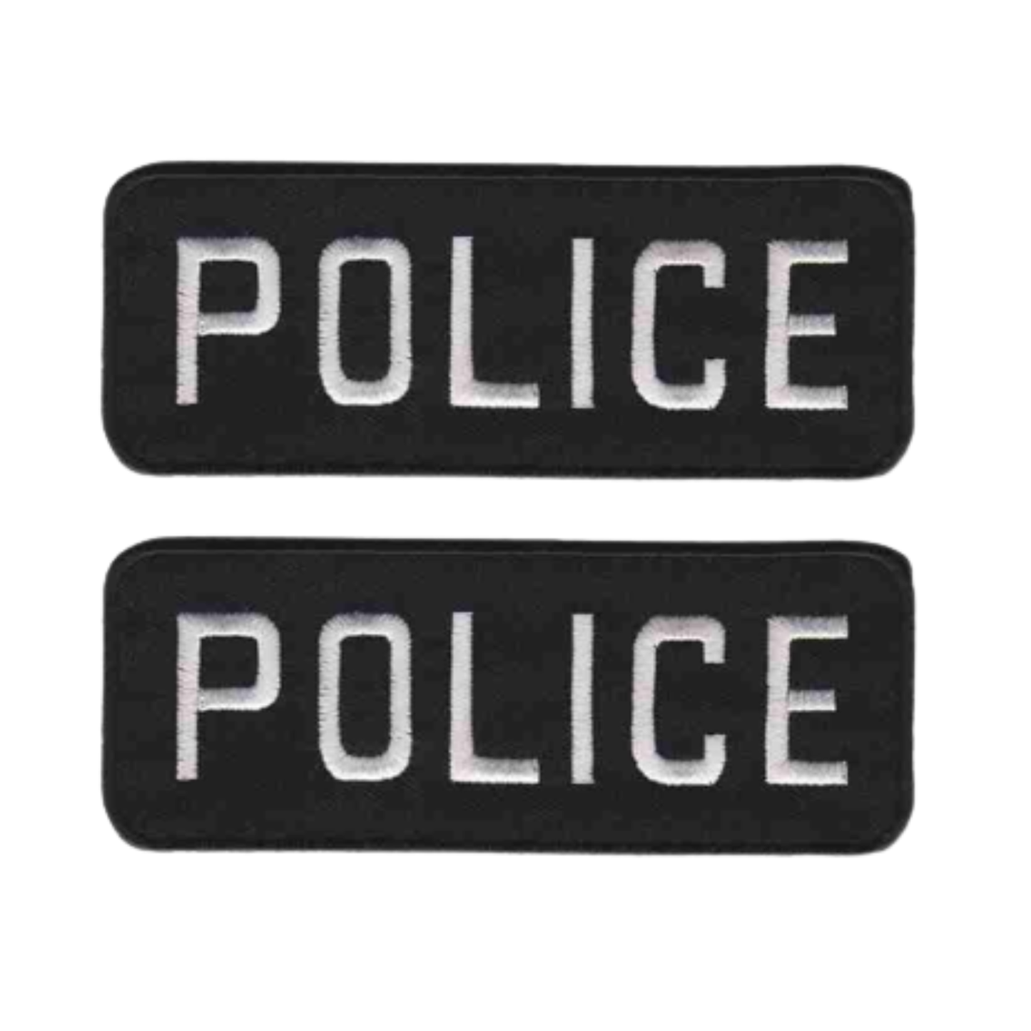 The Laughing Lizards POLICE Iron on Patch (2-Pack) Sleeve Tag features two rectangular black patches with "POLICE" in white, ideal for ironing on or using as an embroidered shoulder tag, shown against a white background.