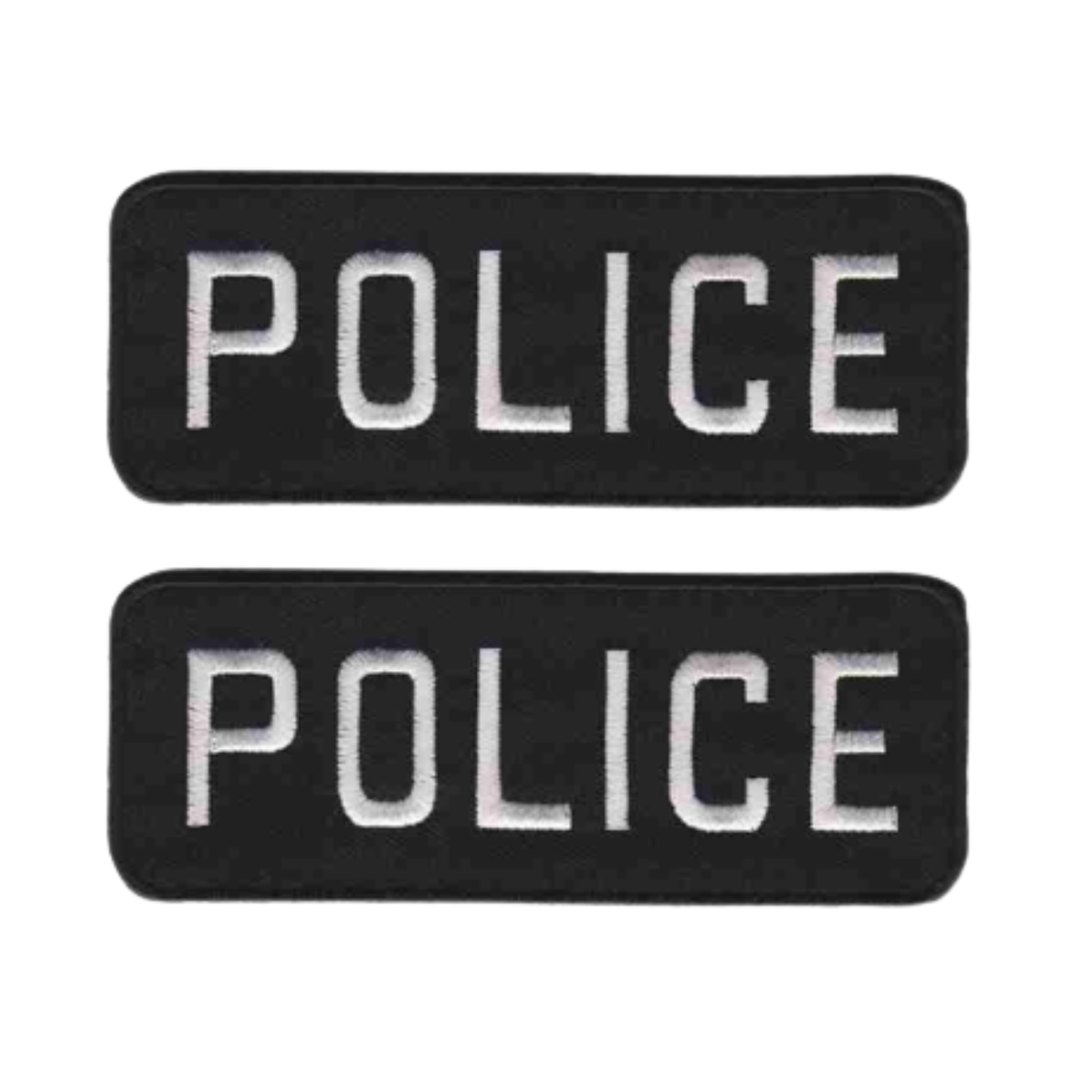 The Laughing Lizards POLICE Iron on Patch (2-Pack) Sleeve Tag features two rectangular black patches with "POLICE" in white, ideal for ironing on or using as an embroidered shoulder tag, shown against a white background.