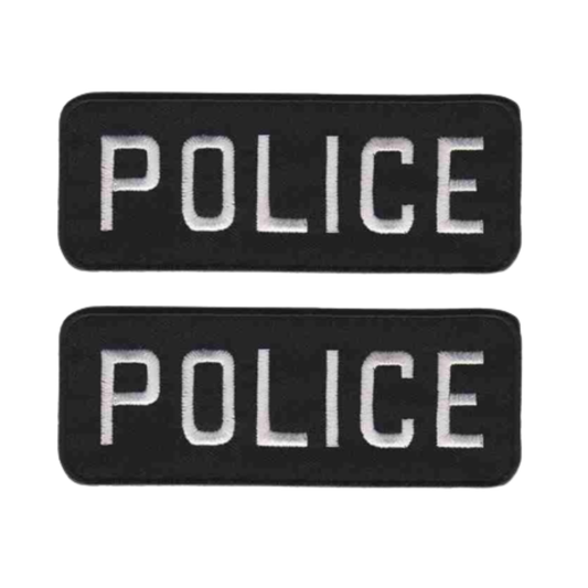 The Laughing Lizards POLICE Iron on Patch (2-Pack) Sleeve Tag features two rectangular black patches with "POLICE" in white, ideal for ironing on or using as an embroidered shoulder tag, shown against a white background.