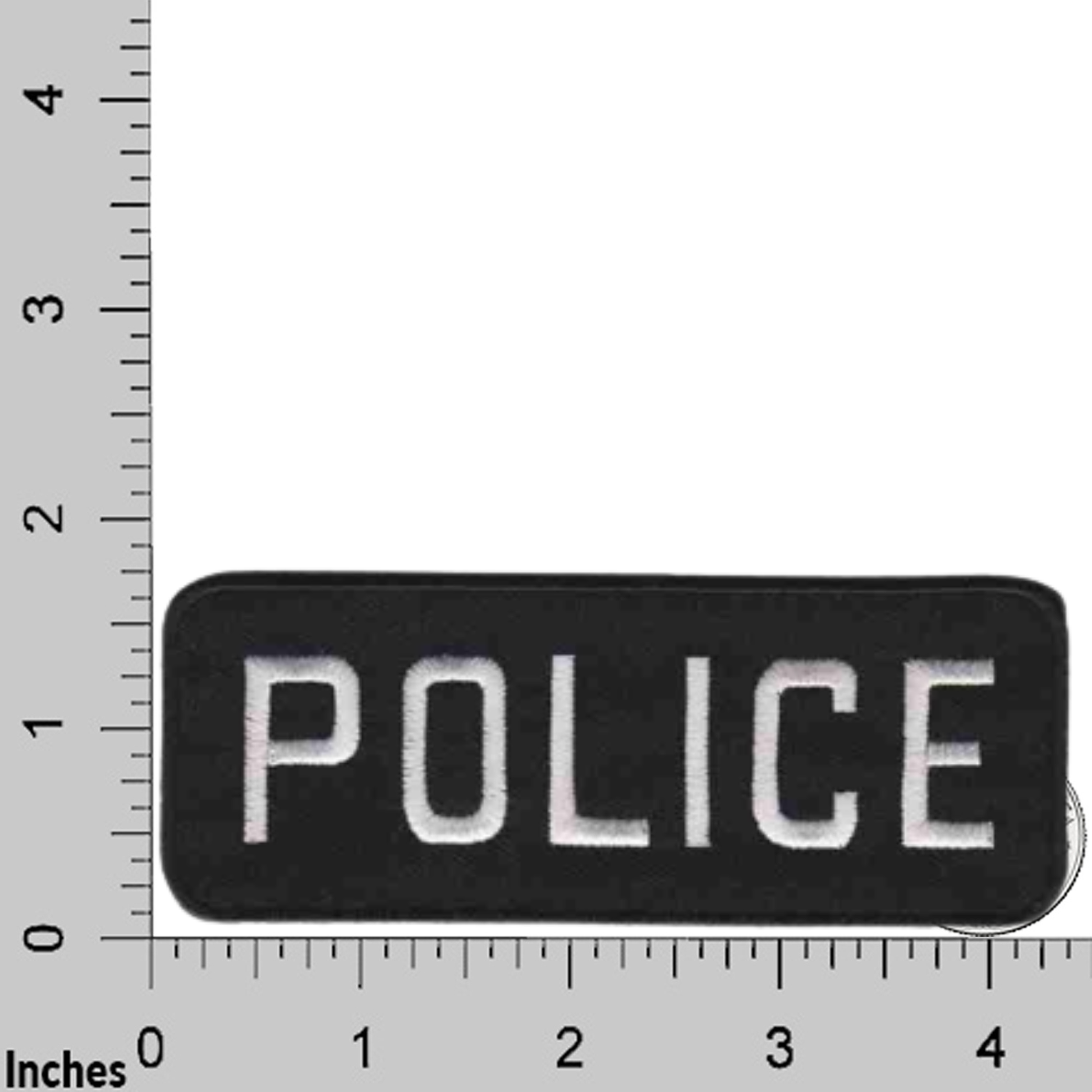 The Laughing Lizards POLICE Iron on Patch (2-Pack) Sleeve Tag features a black rectangular patch with "POLICE" in white, shown with an inch ruler, ideal for uniforms or collectors.