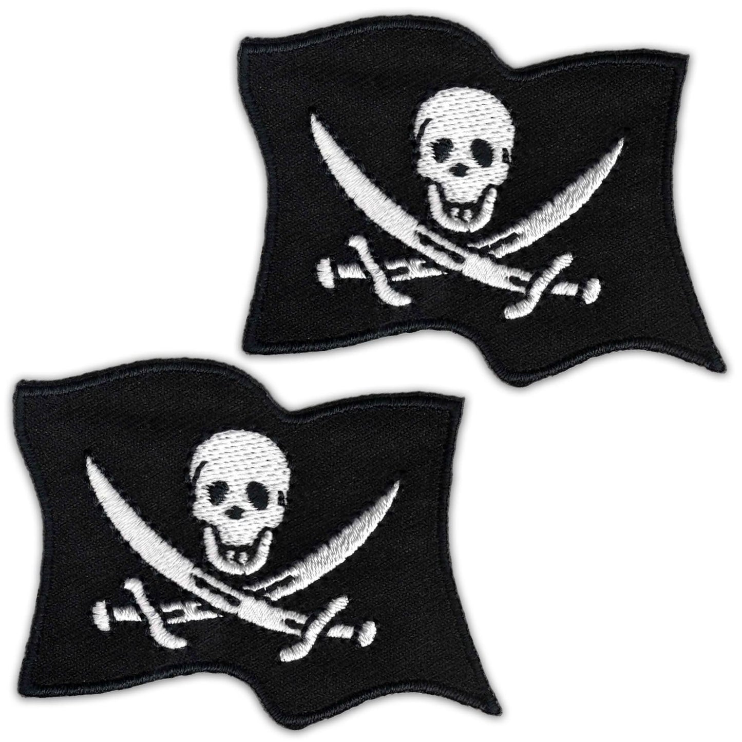The Laughing Lizards Skull & Swords Pirate Flag Patches (2-Pack) feature a white skull and swords on black. Perfect embroidered iron-on patches for Halloween or DIY outfits—customize jackets, bags, or hats with pirate style!.