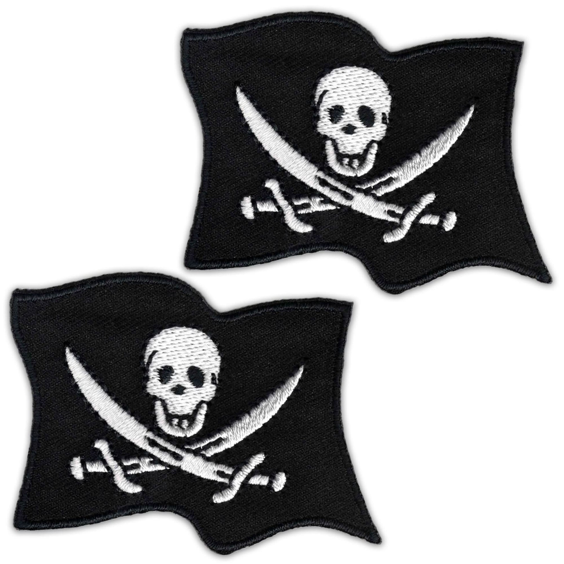 The Laughing Lizards Skull & Swords Pirate Flag Patches (2-Pack) feature a white skull and swords on black. Perfect embroidered iron-on patches for Halloween or DIY outfits—customize jackets, bags, or hats with pirate style!.