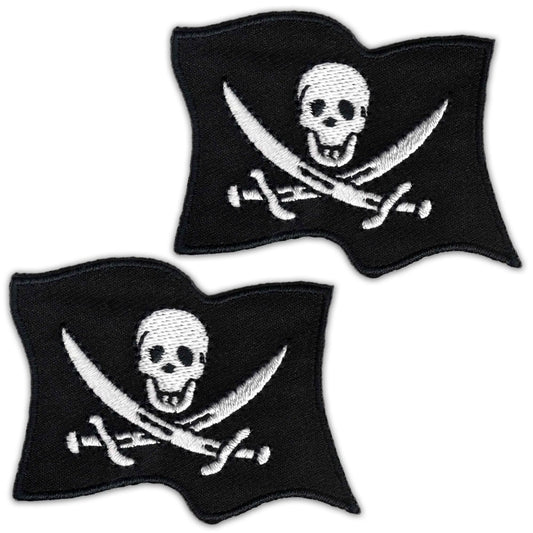 The Laughing Lizards Skull & Swords Pirate Flag Patches (2-Pack) feature a white skull and swords on black. Perfect embroidered iron-on patches for Halloween or DIY outfits—customize jackets, bags, or hats with pirate style!.