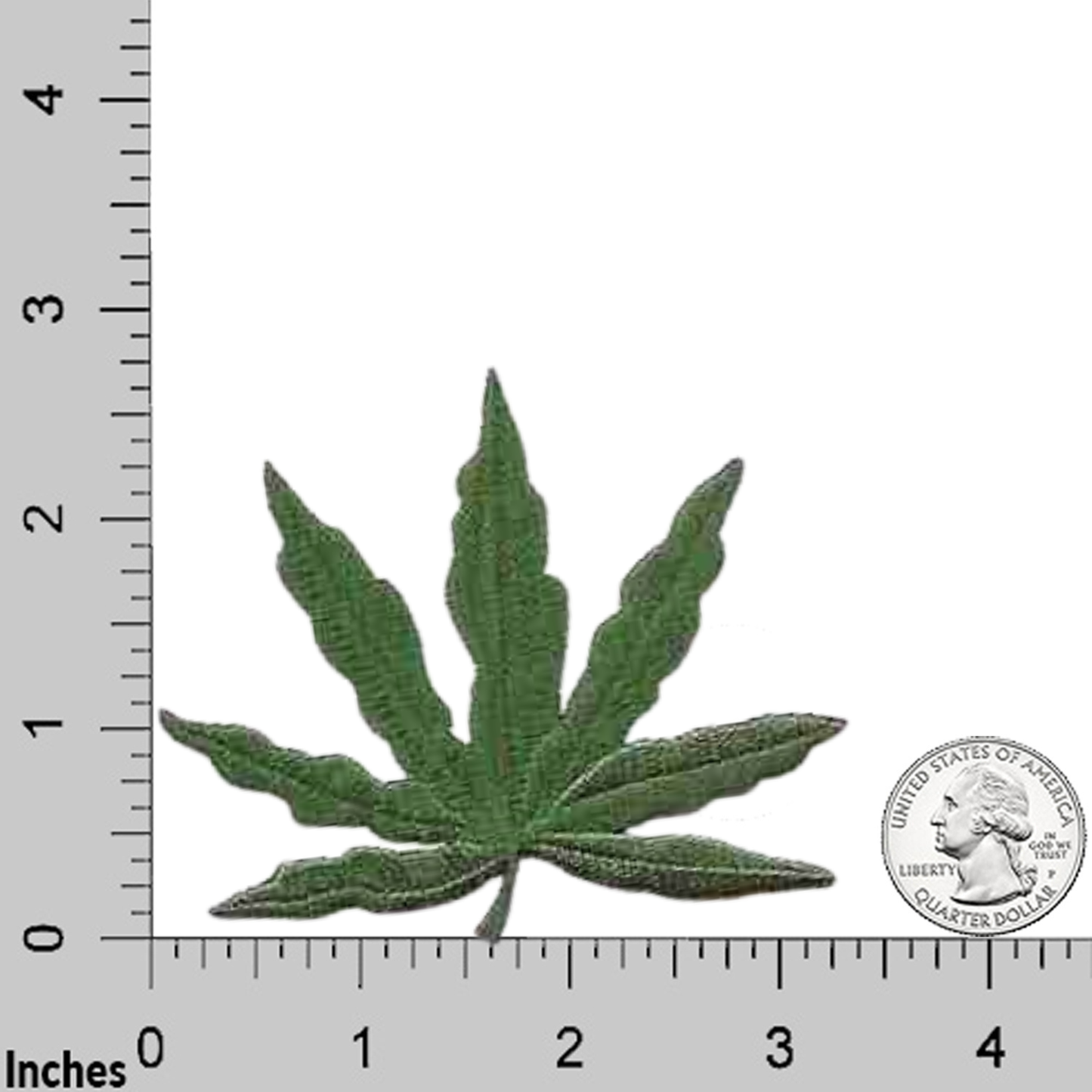 The Laughing Lizards Pot Leaf (2-Pack) Iron on Patch features a green, seven-pointed cannabis design shown beside a U.S. quarter and rulers for scale—ideal marijuana leaf patches for your next DIY craft project.