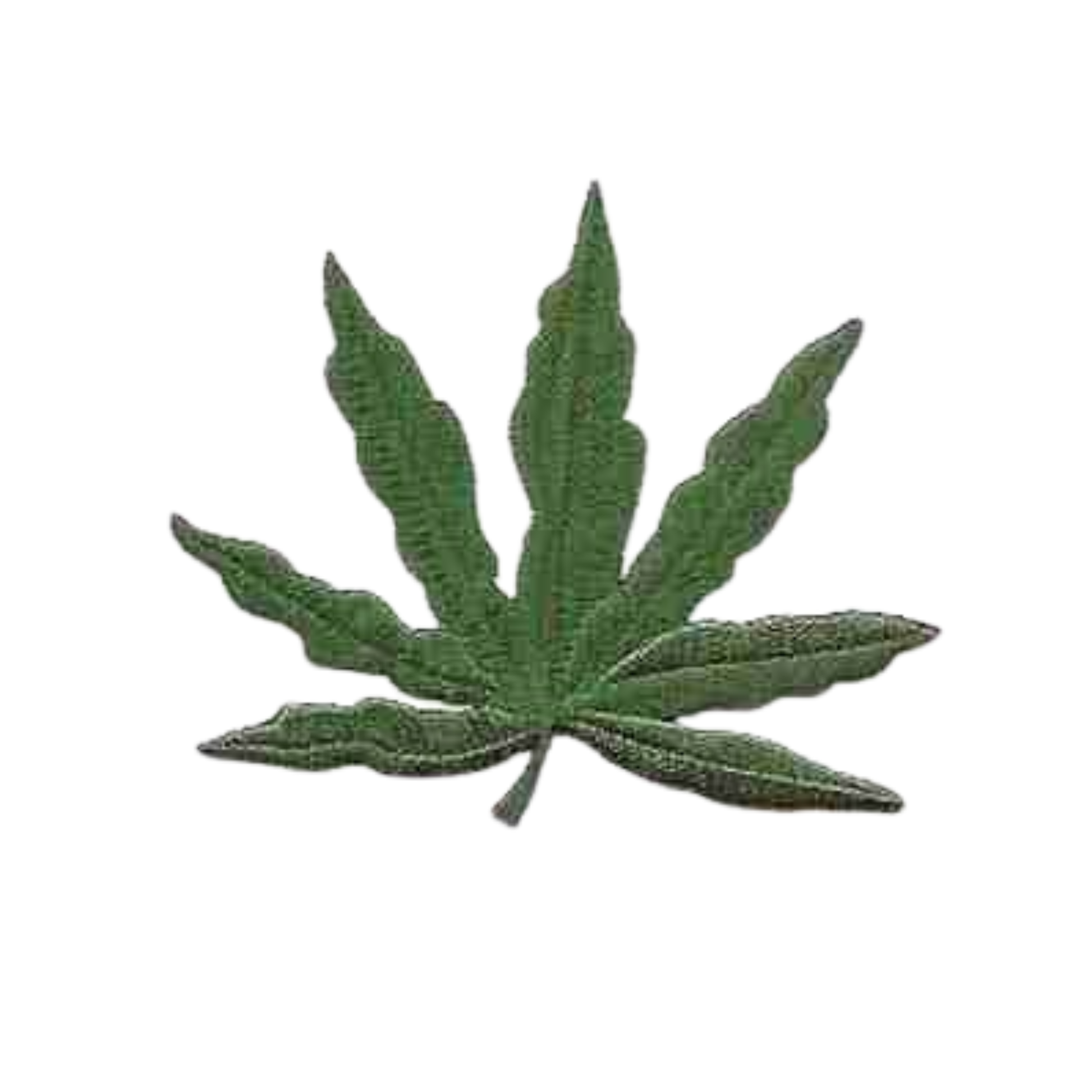 The Laughing Lizards Pot Leaf (2-Pack) Iron on Patch features green embroidered cannabis leaves on a white background—ideal for DIY crafts or adding to jackets and bags.