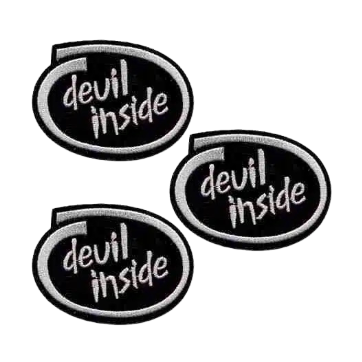 The Laughing Lizards Devil Inside (3-Pack) Iron On Patch features black oval embroidered patches with a white border and stylized "devil inside" text, perfect for adding bold style to jackets, bags, or hats.