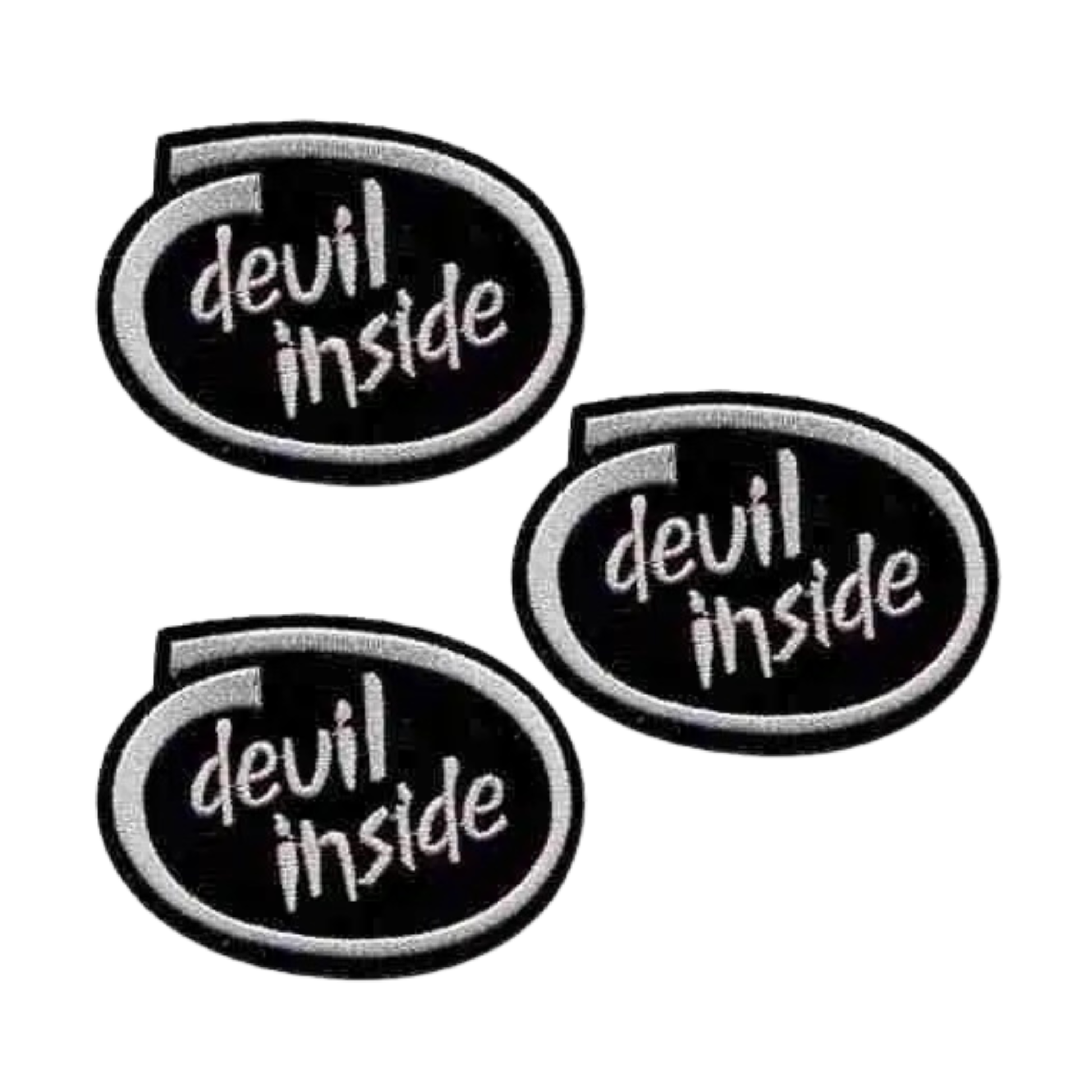 The Laughing Lizards Devil Inside (3-Pack) Iron On Patch features black oval embroidered patches with a white border and stylized "devil inside" text, perfect for adding bold style to jackets, bags, or hats.