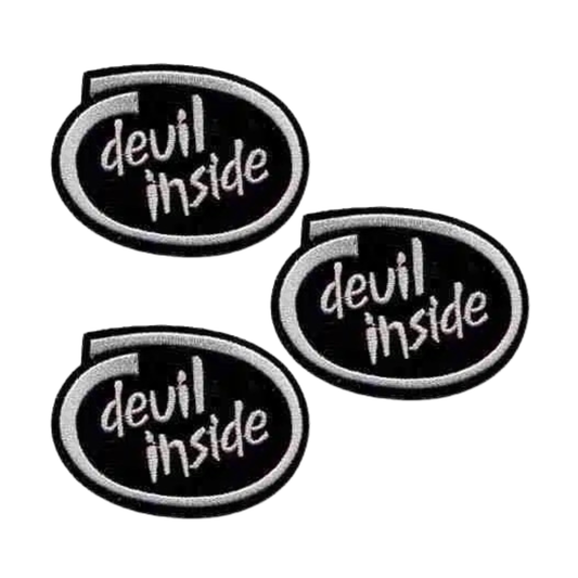 The Laughing Lizards Devil Inside (3-Pack) Iron On Patch features black oval embroidered patches with a white border and stylized "devil inside" text, perfect for adding bold style to jackets, bags, or hats.
