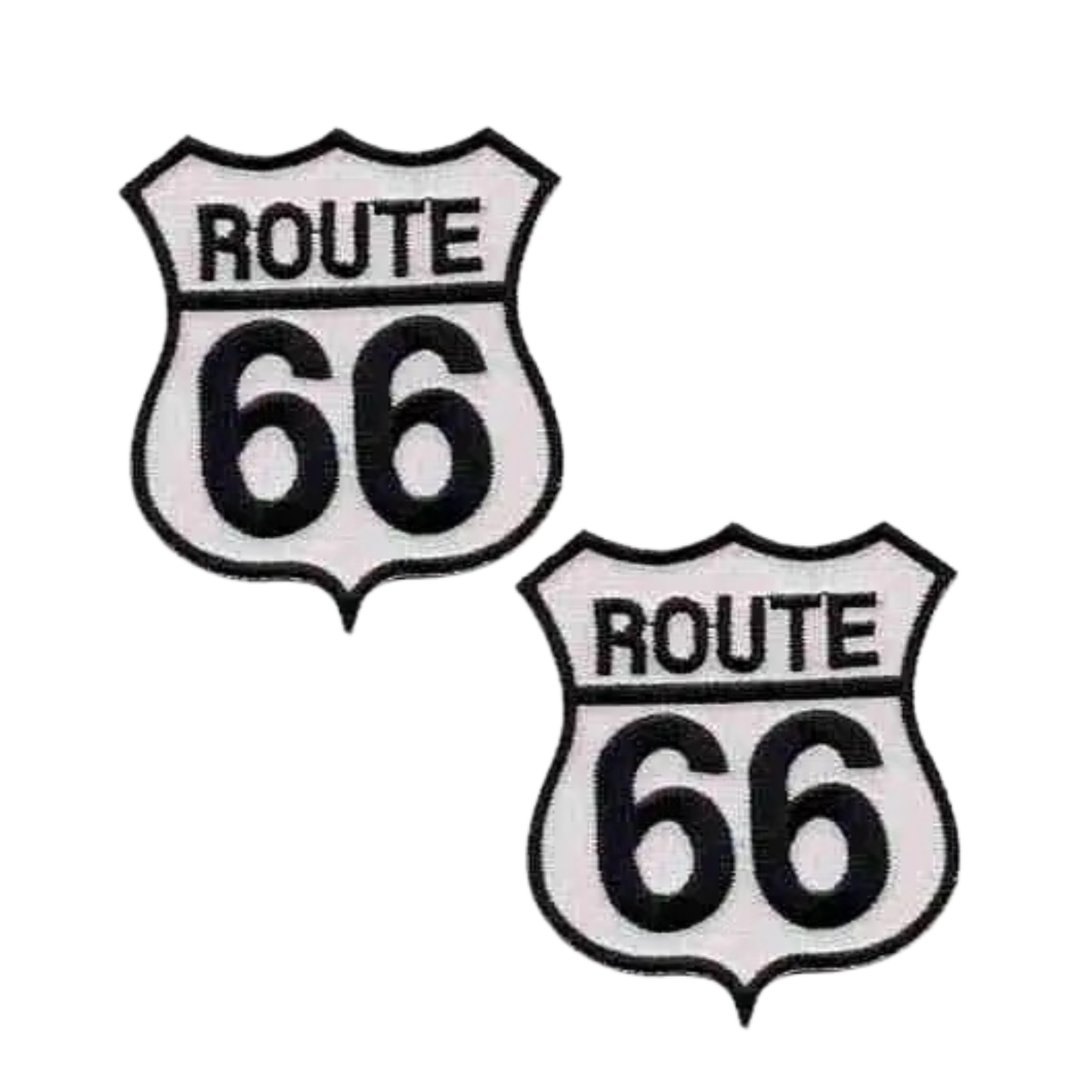 The Laughing Lizards Route 66 Highway Sign (2-Pack) iron on patches feature classic white shield-shaped designs with black borders and lettering, ideal for adding vintage flair to jackets or motorcycle patch collections.
