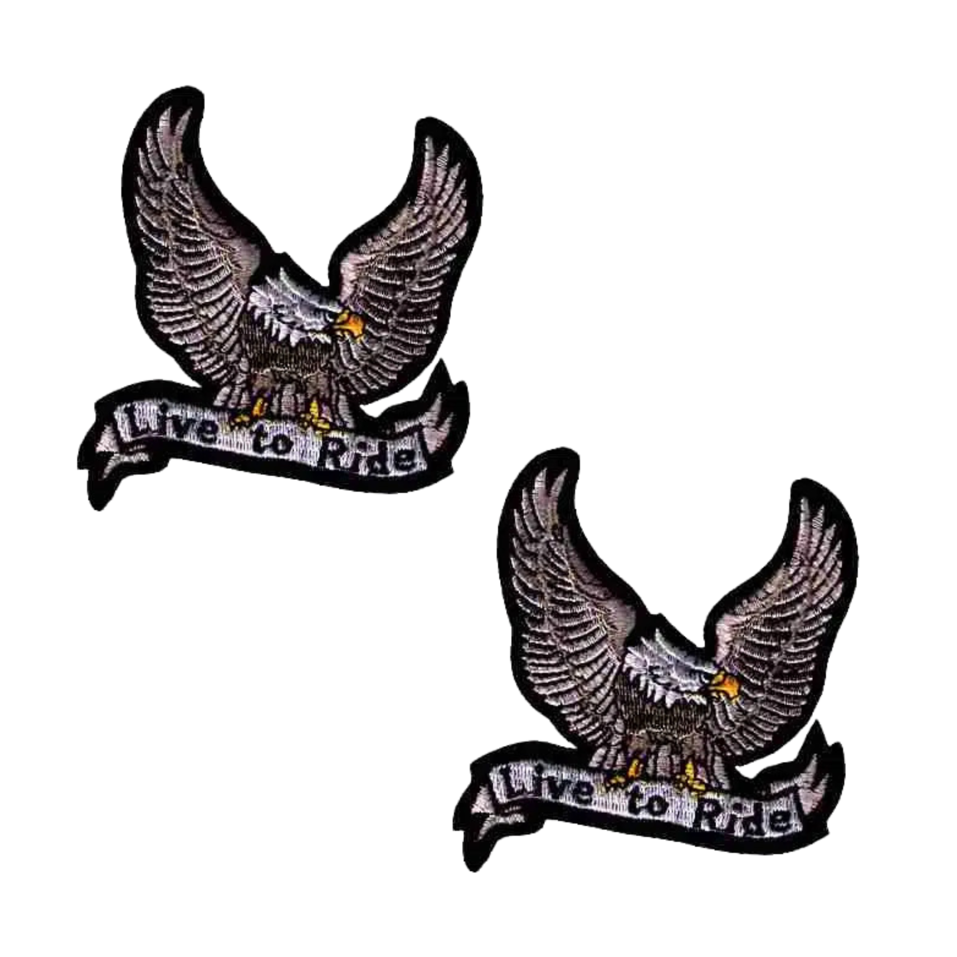 The LaughingLizards Silver Live to Ride Eagle Biker Iron On Patch (2-Pack) features embroidered eagles with banners, perfect for Harley-Davidson fans to easily add to jackets or vests.