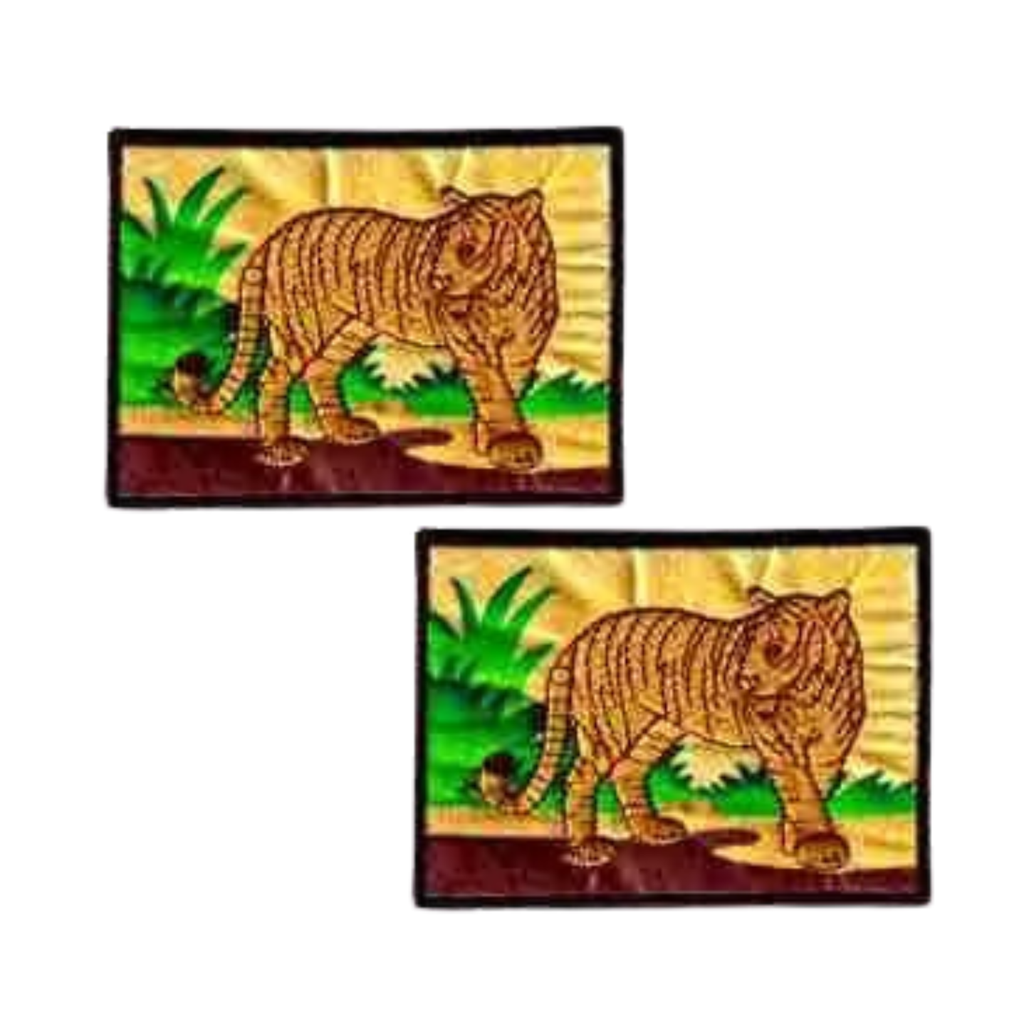 The LaughingLizards Tiger in a Jungle Scene Iron On Patch 2-Pack features two identical patches with a tiger standing on grass amid green bushes.