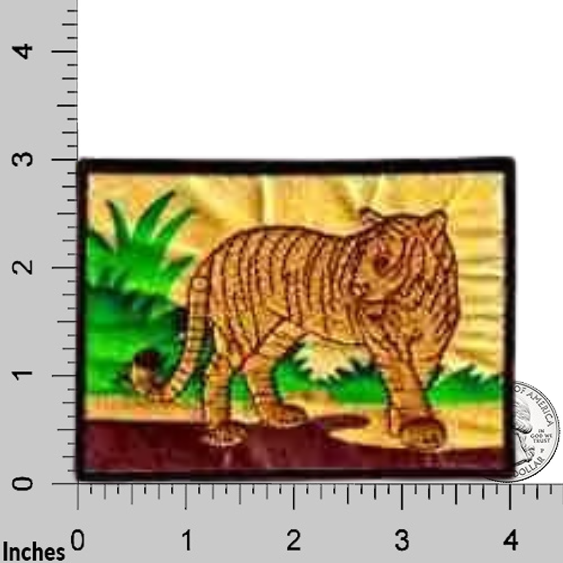The LaughingLizards Tiger in a Jungle Scene Iron On Patch (2-Pack) features a tiger on grass with foliage, displayed beside an inch ruler for scale.