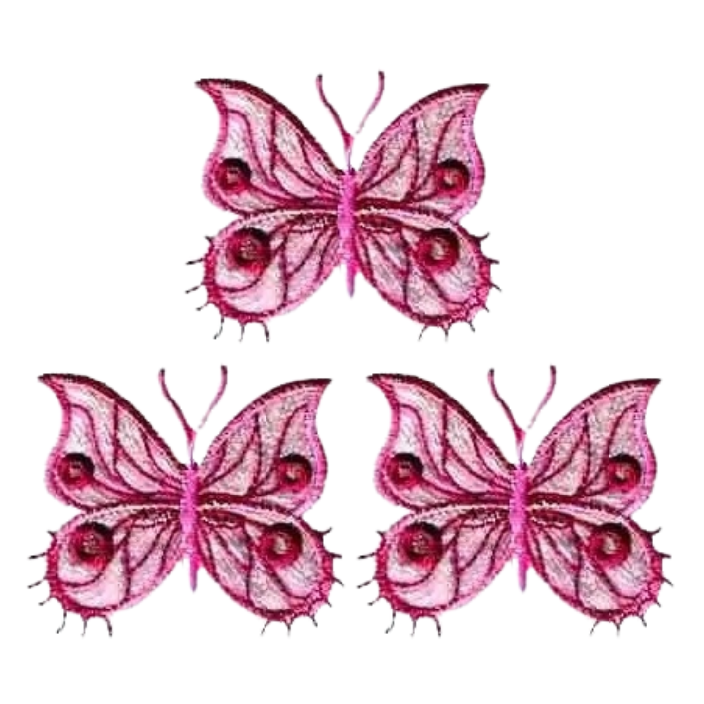 The Laughing Lizards Fancy Sparkle Butterfly (3-Pack) Iron On Patches in multiple colors feature large embroidered butterflies—perfect for decorating kids’ clothes.