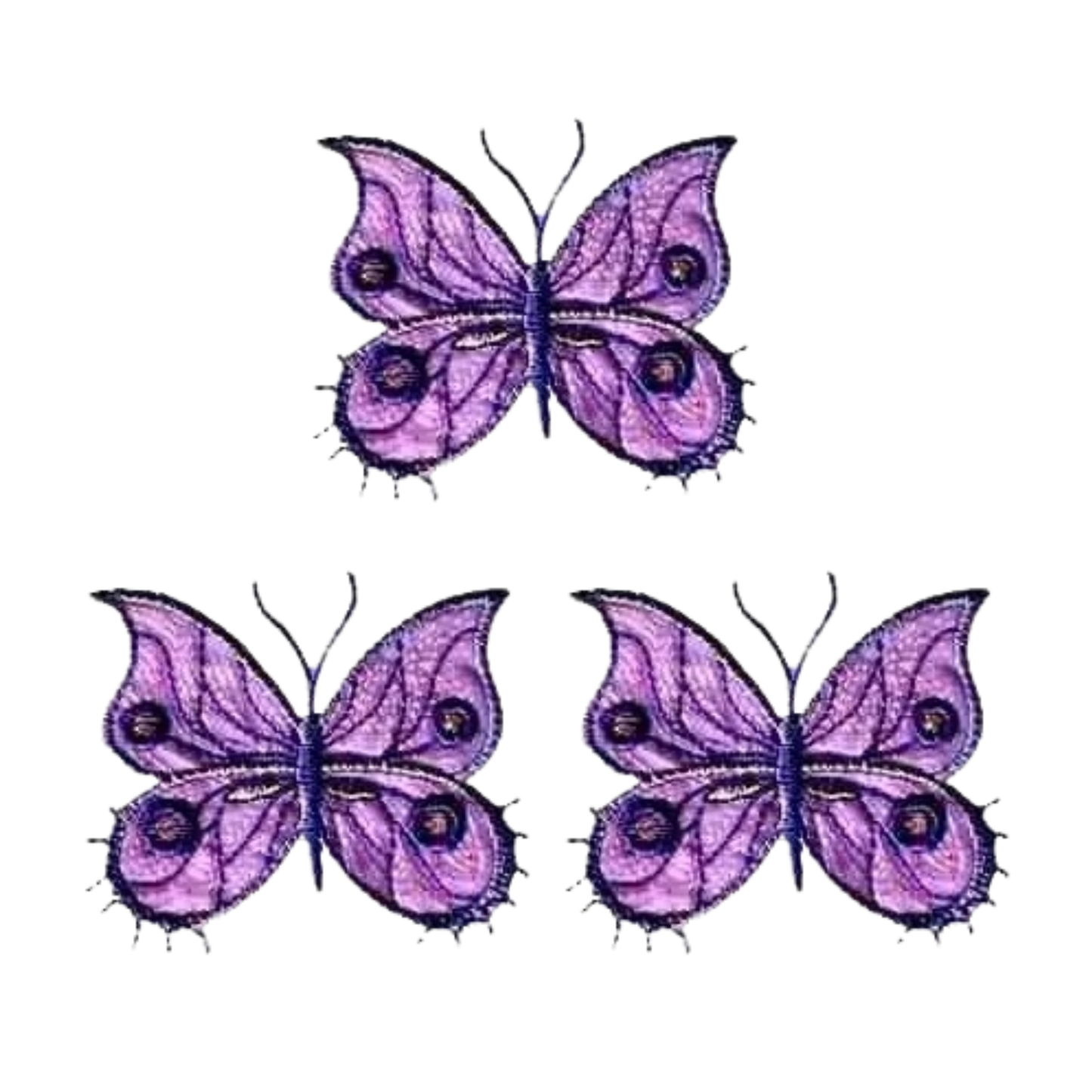 The Laughing Lizards Fancy Sparkle Butterfly (3-Pack) Iron On Patch features three large, multi-colored butterflies in a stylish design—perfect for kids’ clothes decorations.