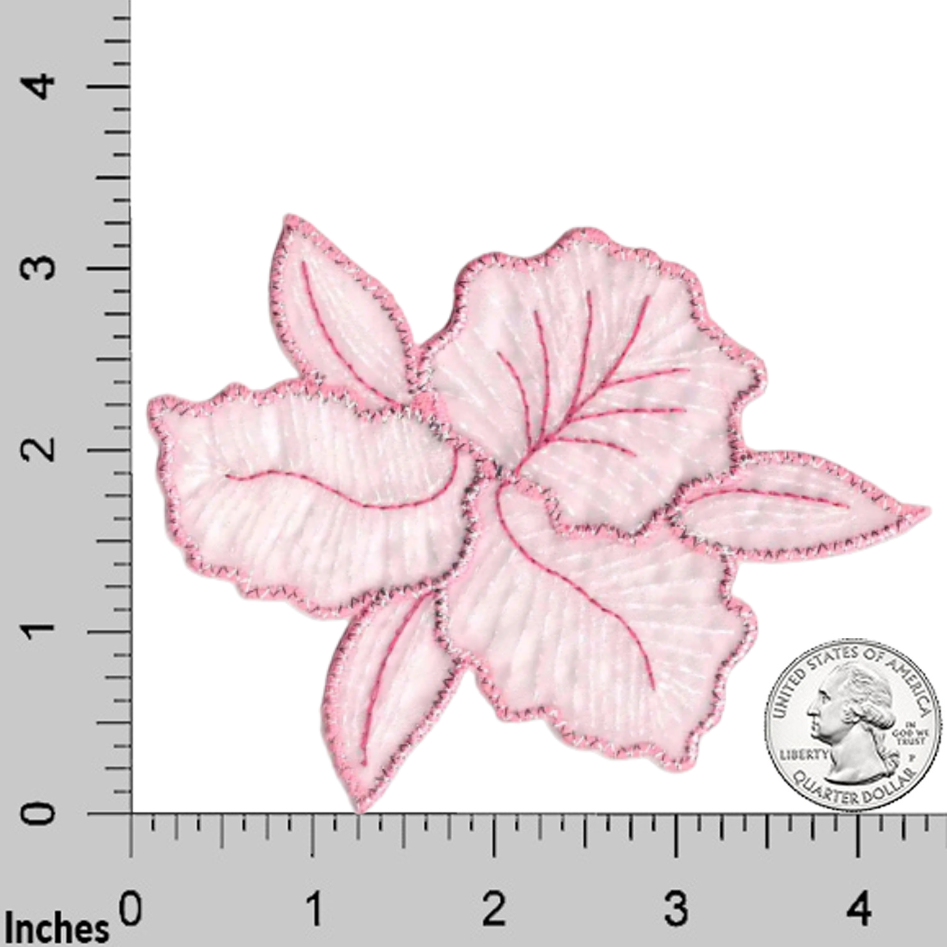 The Laughing Lizards Iridescent Flower in Pink Floral (2-Pack) Iron On Patch is shown on a grid with inch markings and a U.S. quarter for scale.