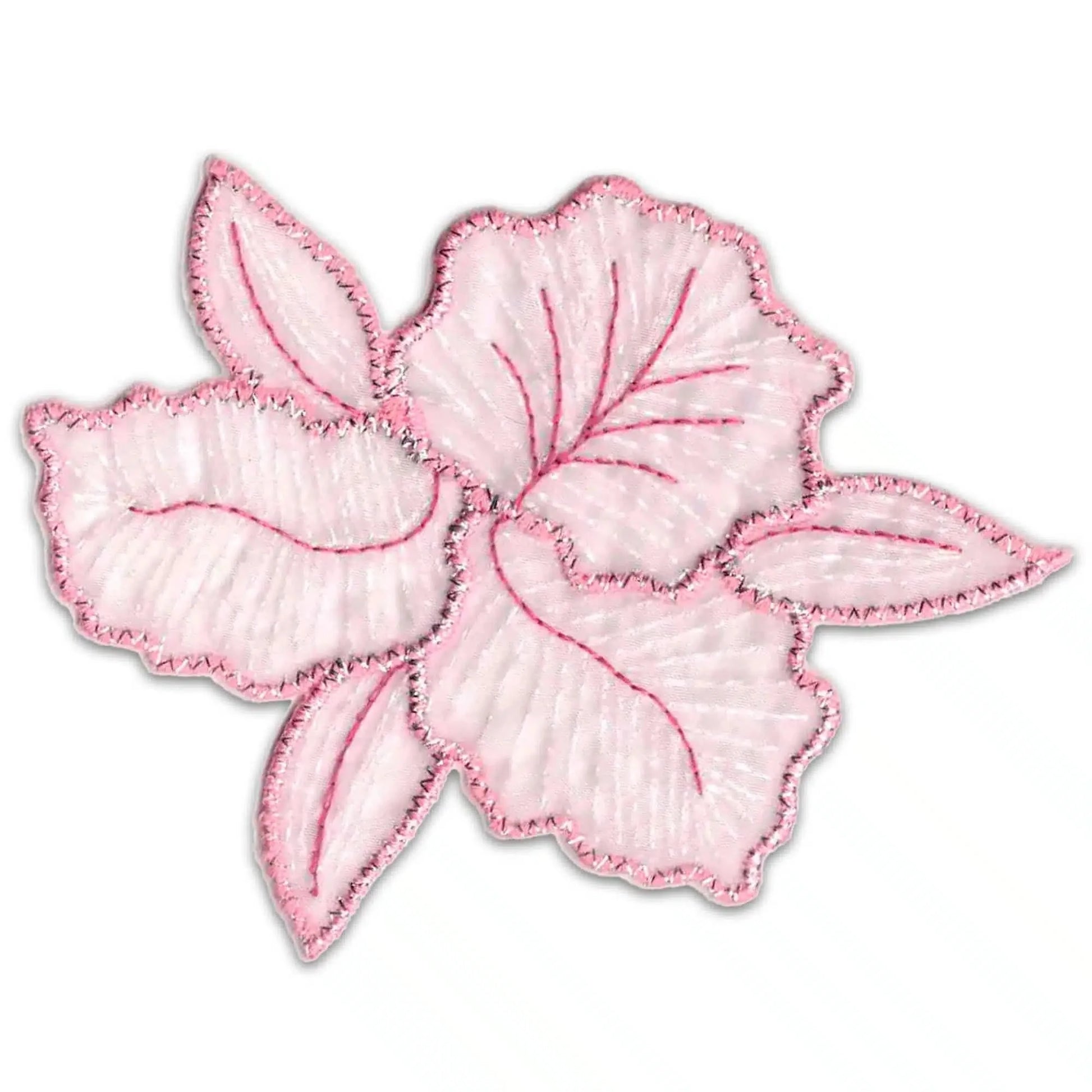Add a delicate touch to your projects with the Laughing Lizards Iridescent Flower in Pink Floral (2-Pack) Iron On Patch, featuring embroidered three-petal flowers and leaves in pink on white backgrounds.