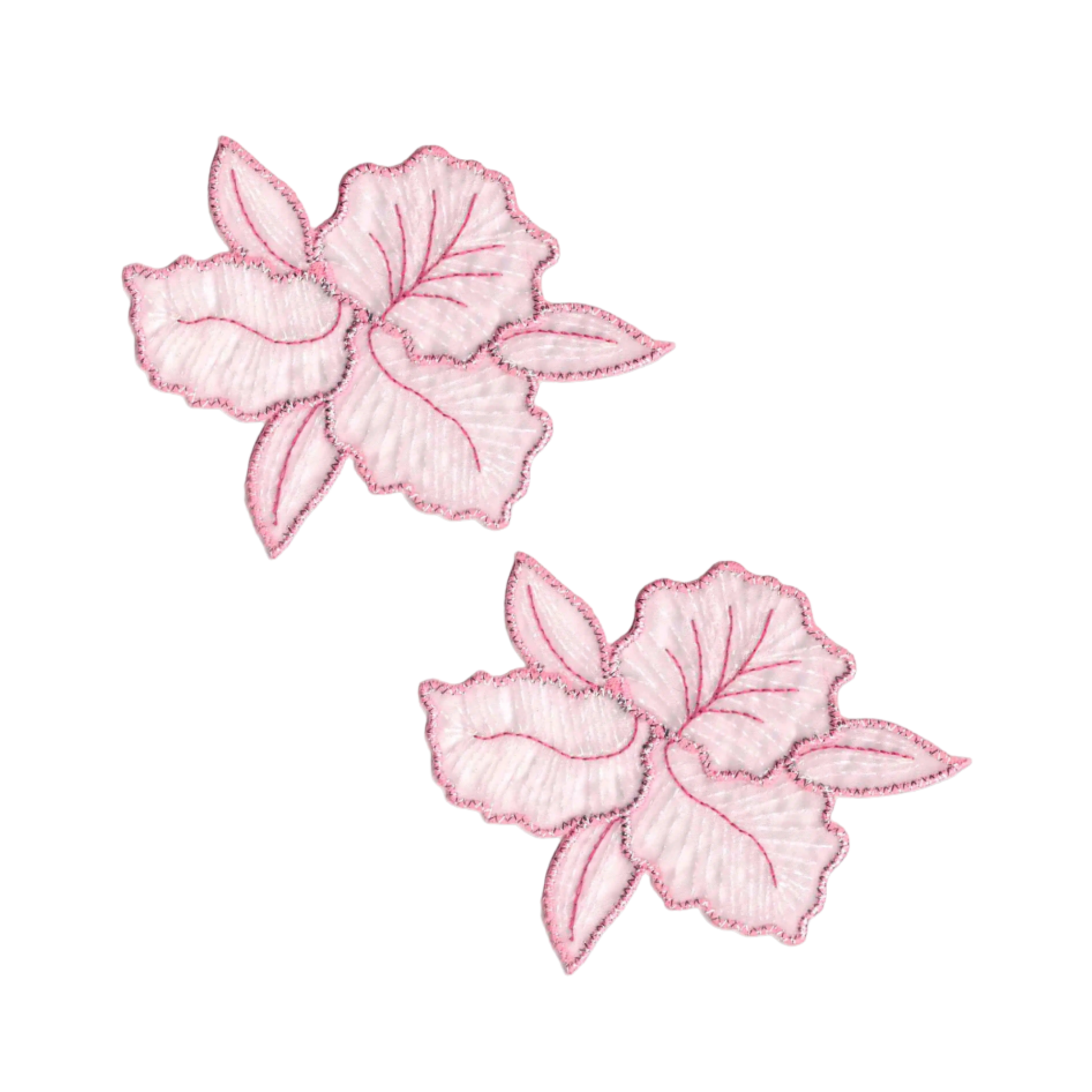 The Laughing Lizards Iridescent Flower in Pink Floral Iron On Patch (2-Pack) features two pink flowers with leaves outlined in darker pink, creating a charming accent on a crisp white background.