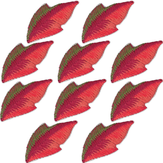 The Laughing Lizards Fall Leaf Patches (10 Pack) are small red and green embroidered iron-on patches in a diagonal grid, perfect for adding fall decor to any project.