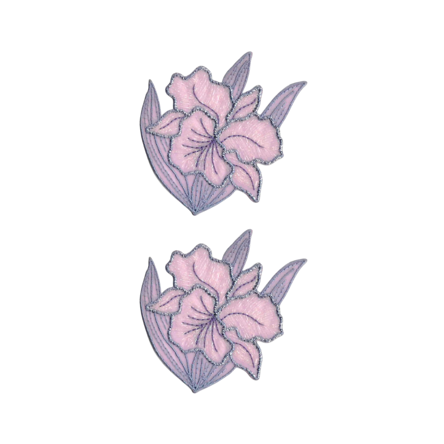 The Laughing Lizards Iridescent Flower in LAVENDER (2-Pack) Iron-on Patch features two lavender floral patches with green leaves, arranged vertically on white, each accented with a shimmering metallic applique.