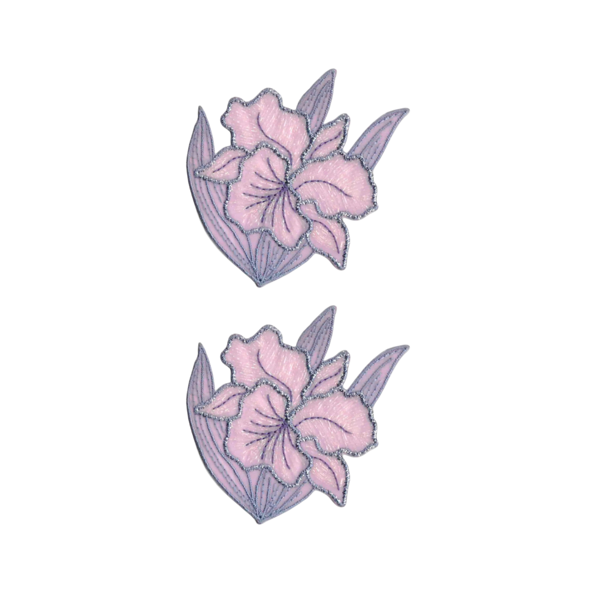 The Laughing Lizards Iridescent Flower in LAVENDER (2-Pack) Iron-on Patch features two lavender floral patches with green leaves, arranged vertically on white, each accented with a shimmering metallic applique.