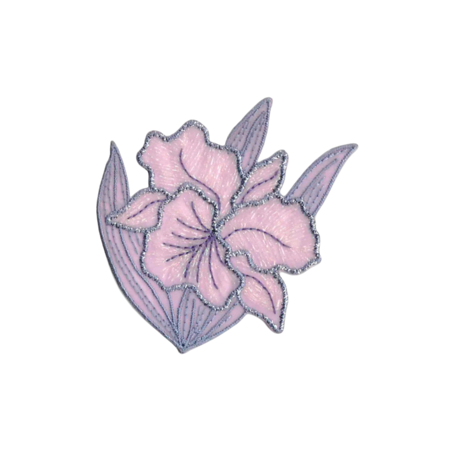 The Laughing Lizards Iridescent Flower in LAVENDER (2-Pack) Iron on Patch features a delicate light purple flower with two leaves, outlined in silver on white—perfect as a metallic floral applique for your projects.