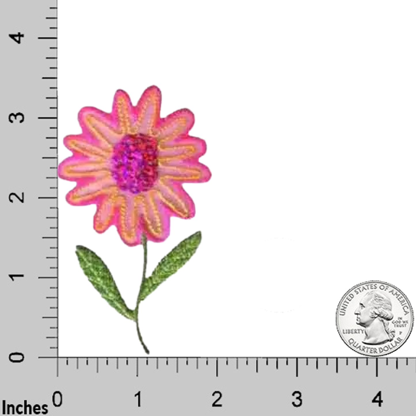 The LaughingLizards Sequin Flower Iron On Patch (2-Pack) in pink features embroidered blooms with green leaves. Shown next to a ruler and US quarter for scale, this applique adds charm to jackets, bags, or hats.
