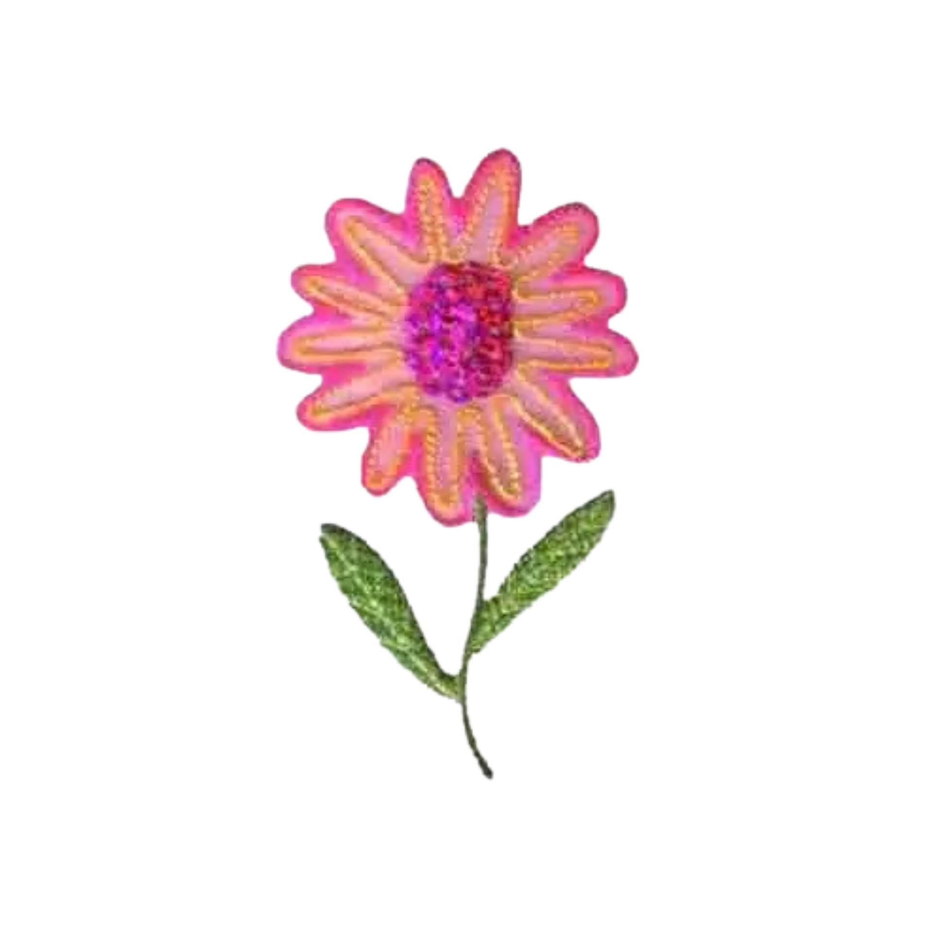 The LaughingLizards Sequin Flower (2-Pack) Iron On Patch - Pink features pink and orange daisies with purple centers, green leaves, and stems on a white background—ideal as embroidered flower patches or floral appliques.
