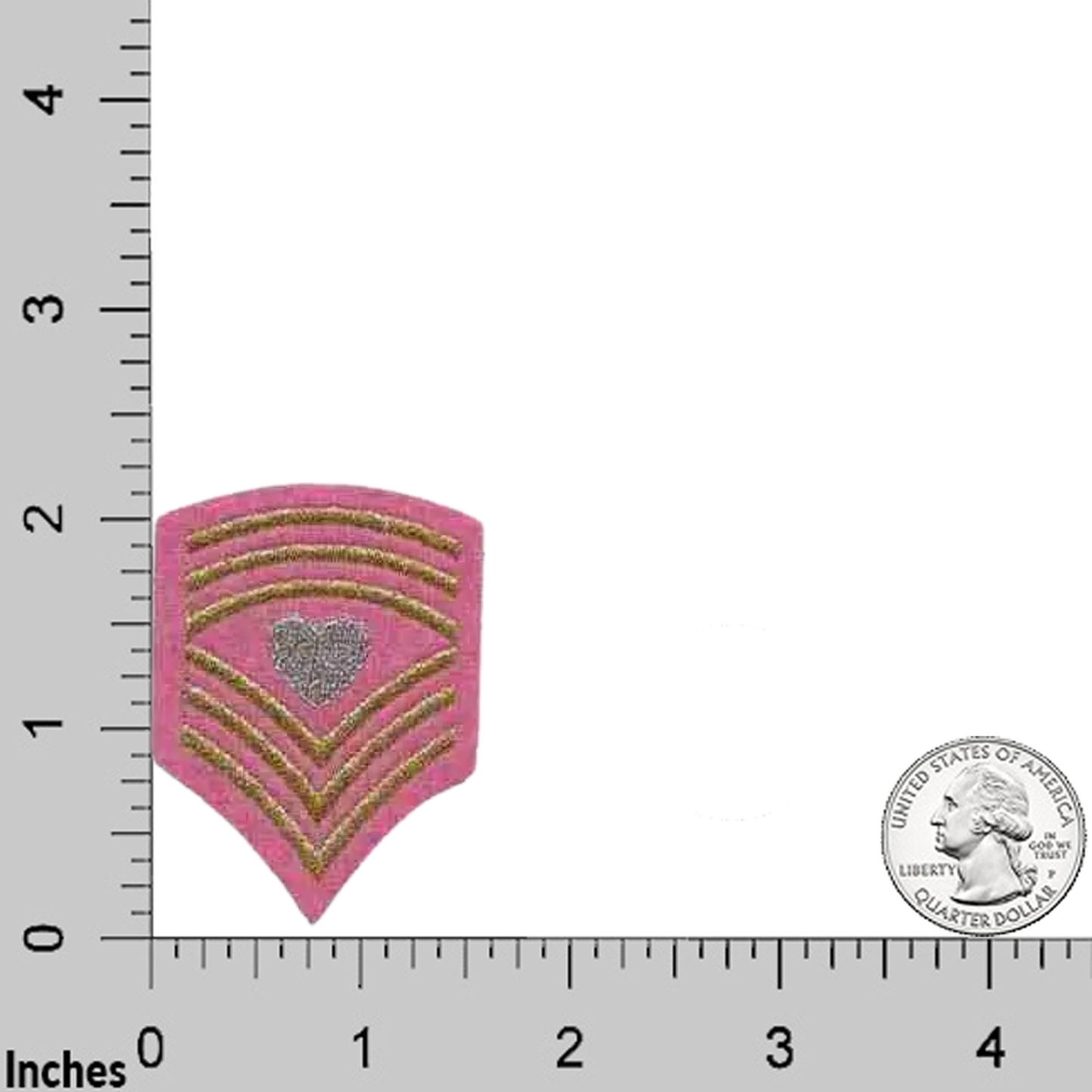 The LaughingLizards Sergeant Heart Chevron (3-Pack) Iron On Patch in pink is shown next to a U.S. quarter and a ruler in inches, highlighting its size and detailed embroidery.
