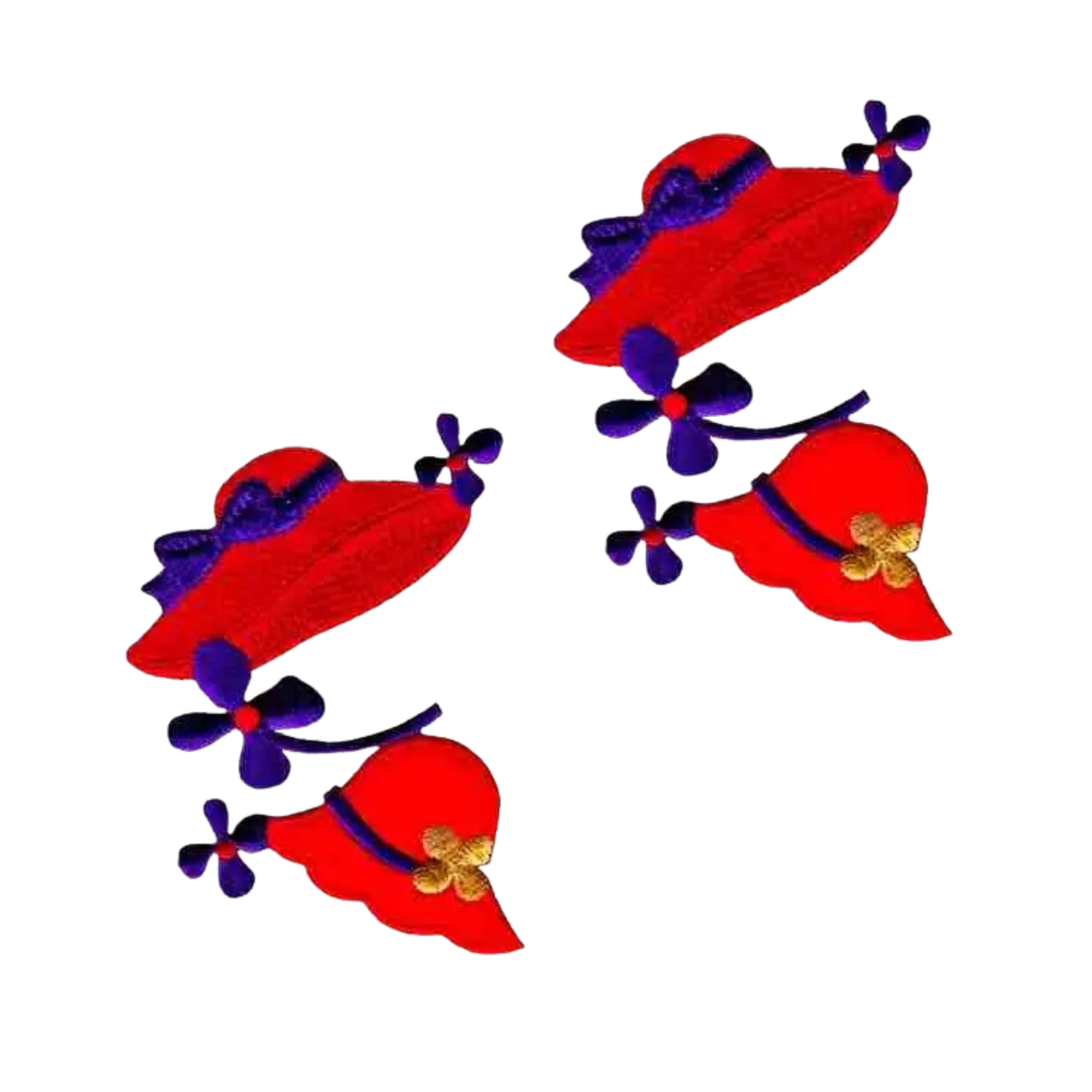 The Laughing Lizards Red Hats and Flowers (2-Pack) Iron On Patch features whimsical red hats with purple and gold ribbons, perfect for any Red Hat Lady patch collection. Displayed on a white background, they're ideal for creative appliqué projects.