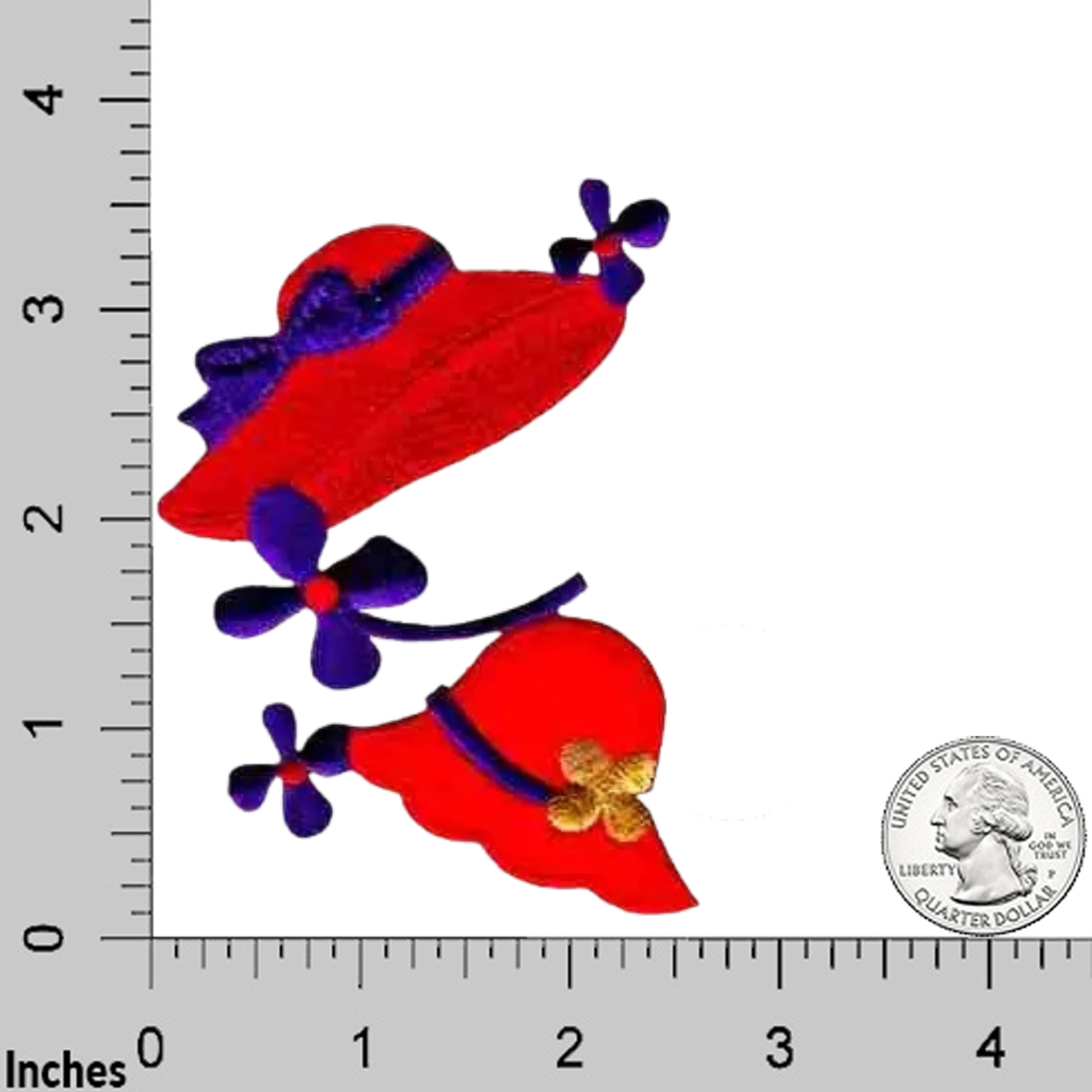 The Laughing Lizards Red Hats and Flowers (2-Pack) Iron On Patch features whimsical red hats with blue and yellow flower accents, shown beside a ruler and US quarter for scale—perfect for adding playful charm to your projects.