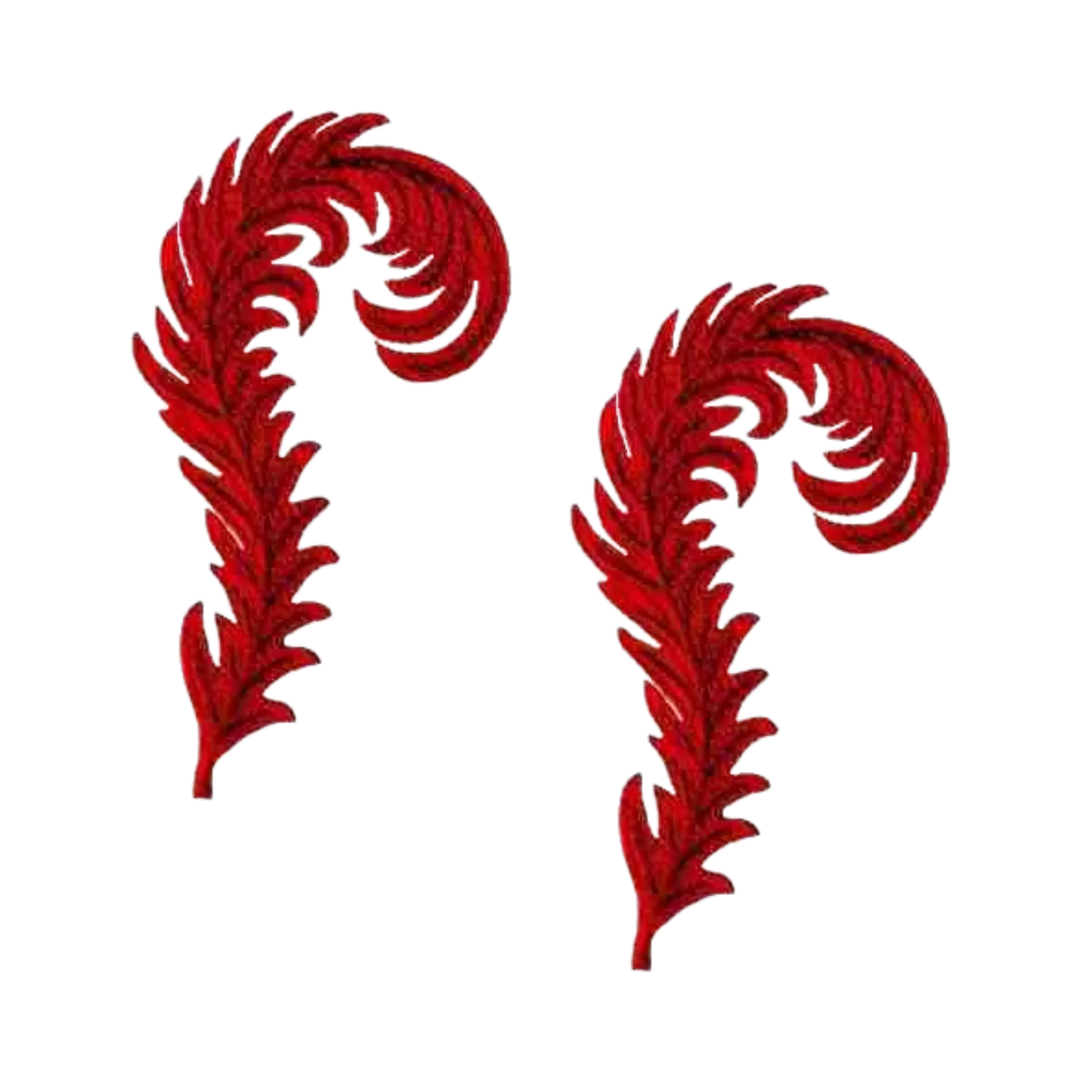 Two red, curved Red Hat Feather Iron On Patches by Laughing Lizards are shown on a white background—perfect for your next DIY craft project.