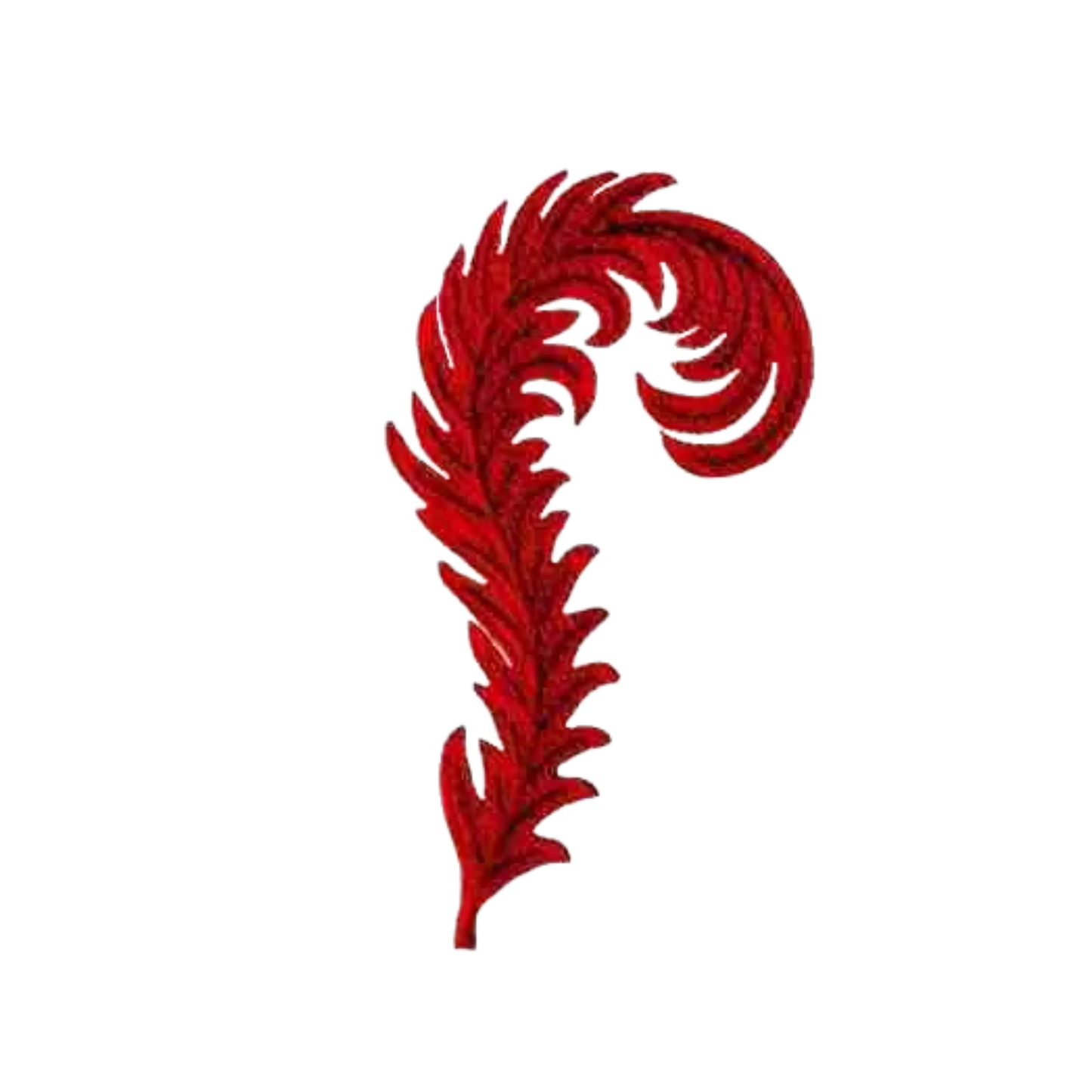 The Laughing Lizards Red Hat Feather (2-Pack) Iron On Patch features a red, spiral-inspired decorative design on white—ideal for DIY crafts or as a unique feather curls patch.