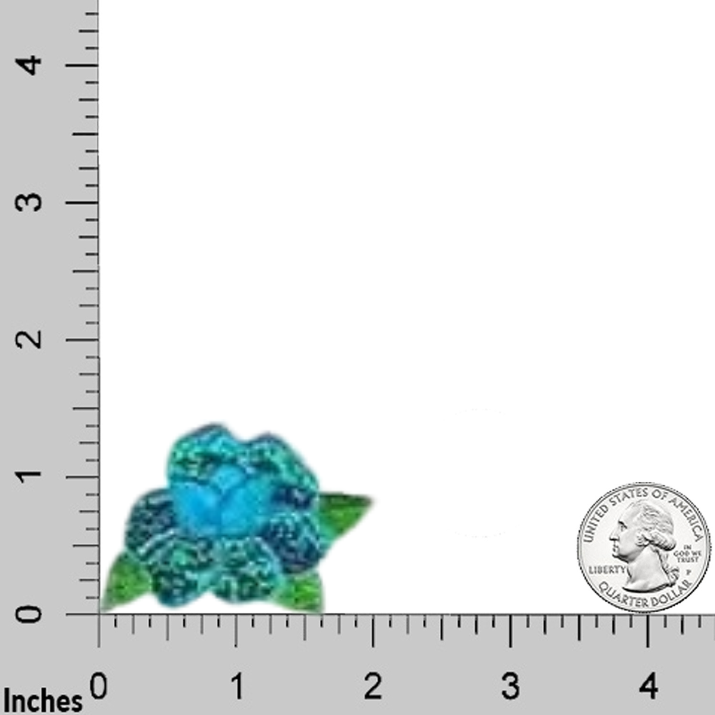 The Laughing Lizards Iridescent Flower Floral (3-Pack) Iron On Patch - Blue, a small blue and green flower-shaped patch, is shown next to a U.S. quarter on a background with inch rulers along the sides.