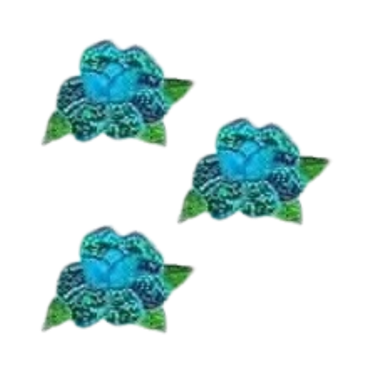The Laughing Lizards Iridescent Flower Floral (3-Pack) Iron On Patch in blue features three patches, each with green leaves, arranged in a triangle—perfect for adding a DIY accent to your favorite items.