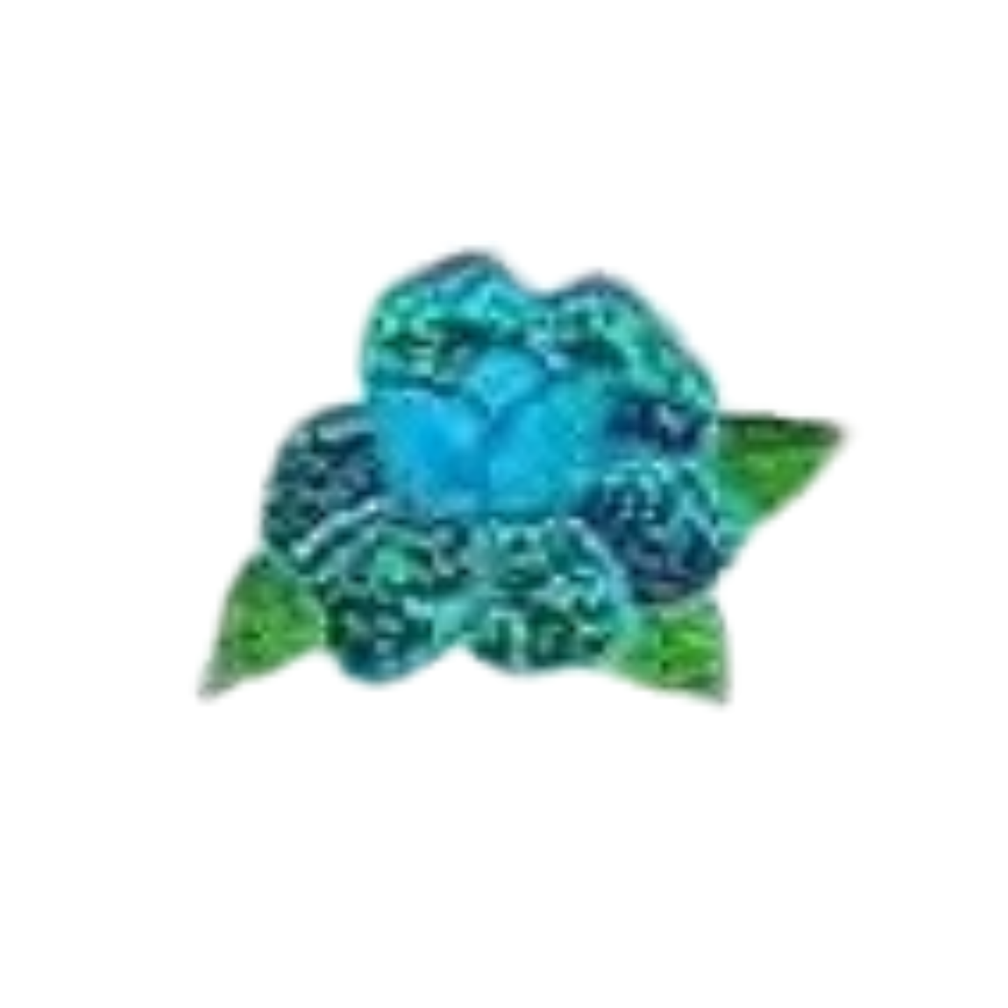 The Laughing Lizards Iridescent Flower Floral Iron On Patch (3-Pack) in blue features textured petals and green leaves, making a vibrant addition to any DIY craft project. Displayed on a white background for easy viewing.