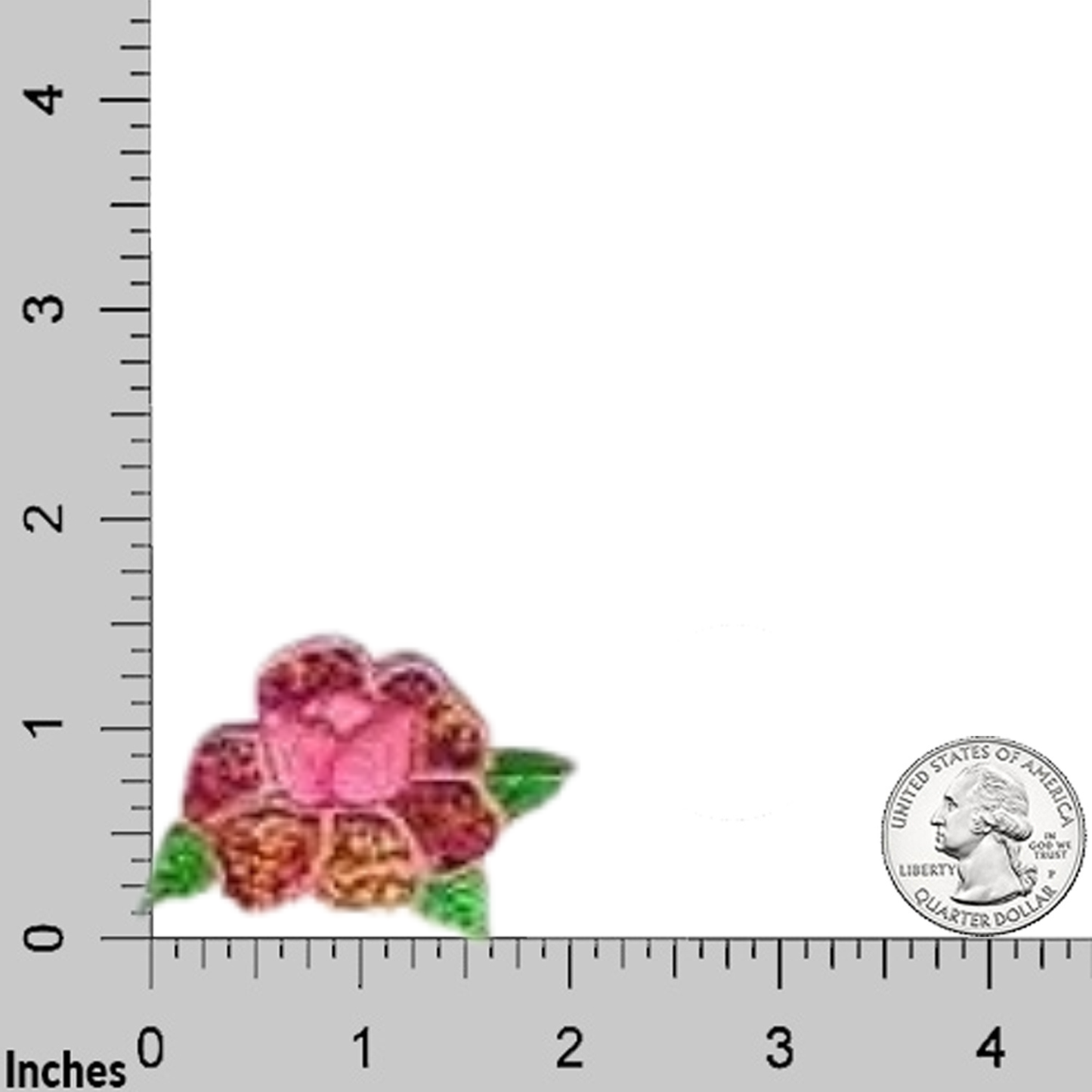 The Laughing Lizards Iridescent Flower Floral (3-Pack) Iron On Patch in pink features small blossoms with green leaves shown beside a U.S. quarter and inch ruler for scale—ideal for DIY crafts or as a decorative patch for your favorite project.