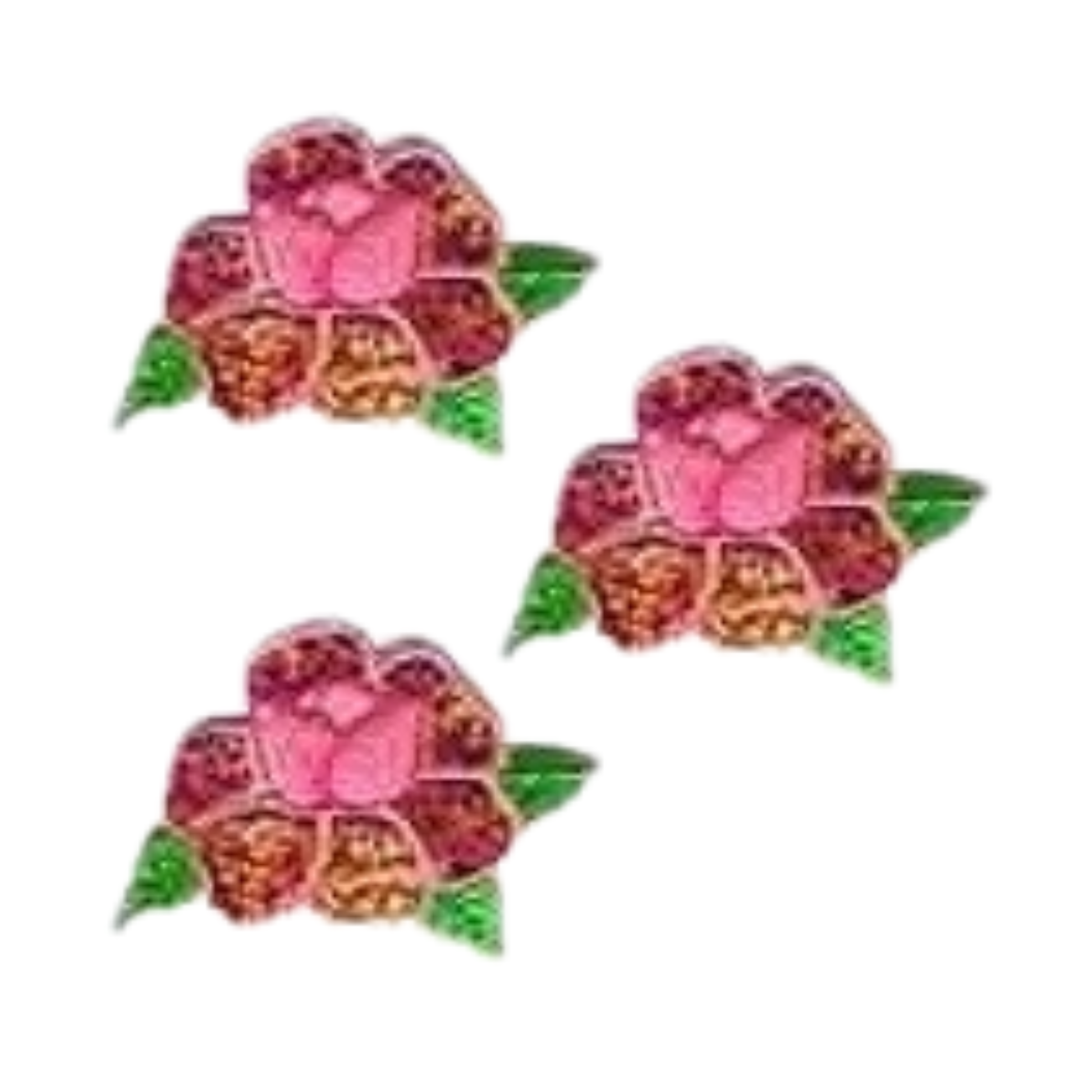 The Laughing Lizards Iridescent Flower Floral (3-Pack) Iron On Patch - Pink features three pink and orange flowers with green leaves, ideal for DIY crafts or as a stylish floral patch on any fabric.