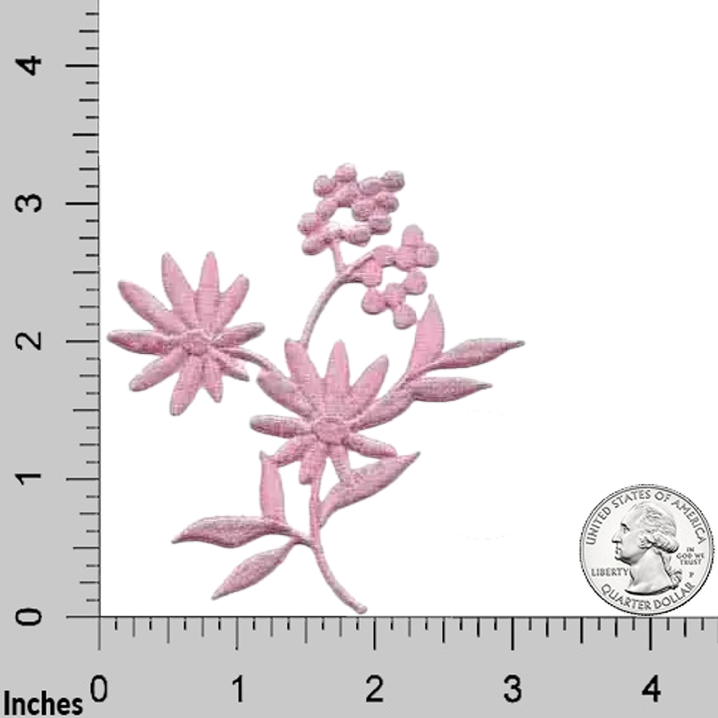 Laughing Lizards' Small Pink Flowers with Berry Bunches (2-Pack) Iron On Patch shown beside a quarter and inch ruler for size reference. Ideal for adding floral flair to clothing or accessories.