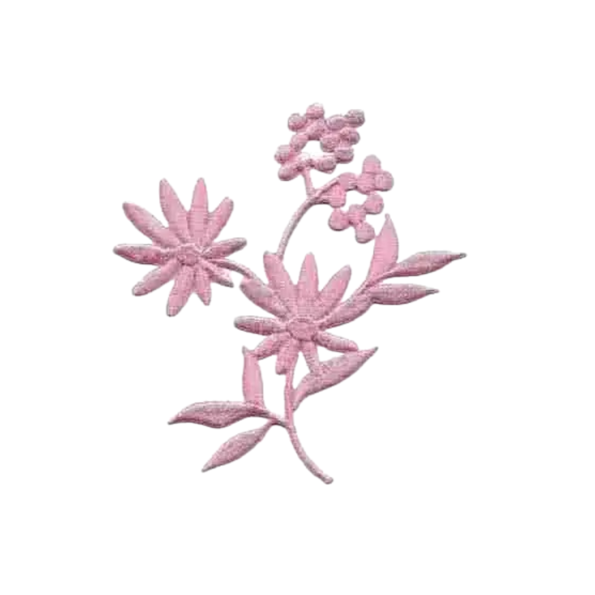 The Laughing Lizards Small Pink Flowers with Berry Bunches (2-Pack) Iron On Patch adds a delicate, floral touch to garments or accessories—featuring embroidered pink flowers, leaves, and berries on white.